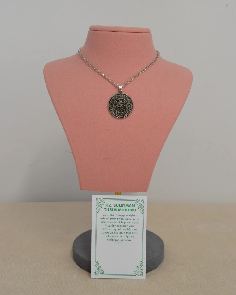 Hz. Süleyman Mührü Kolye – Yuvarlak Metal Kolye Ucu, Metal Zincirli Manevi Koruma Kolyesi