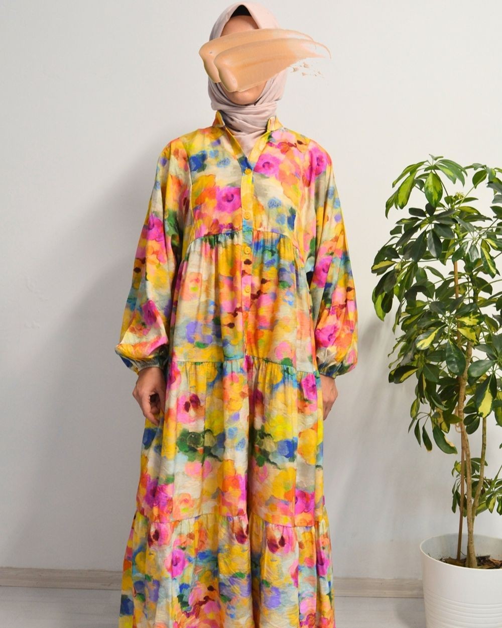 Kadın Modal Tesettür Elbise – Paisley Desenli – Rahat Kalıp – 135 cm Boy – 1-2 Beden