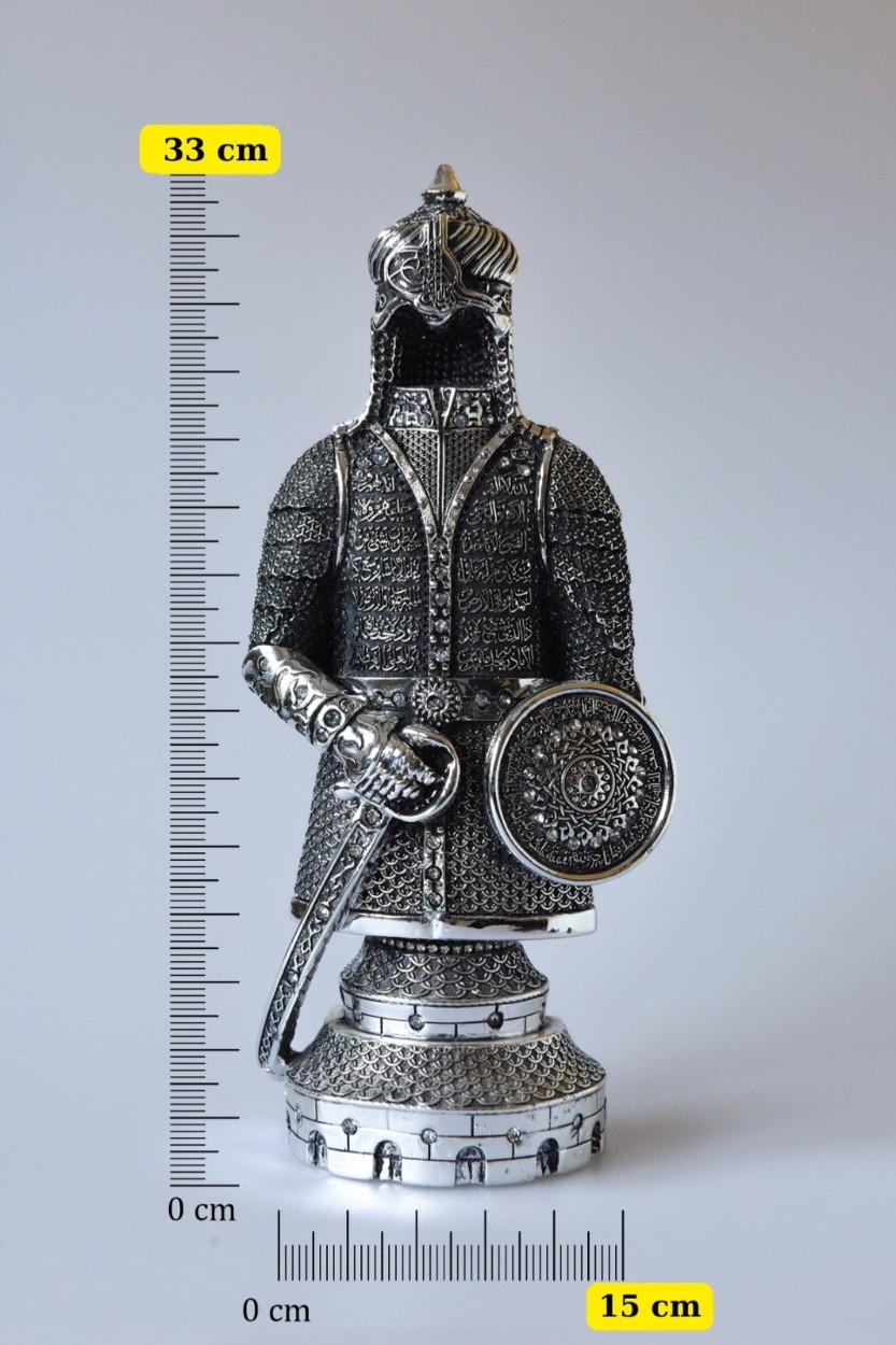Fetih Zırh Ayetel Kürsi Biblo Büyük Boy 15×33 cm– Gümüş Renk Metal Dekoratif Aksesuar