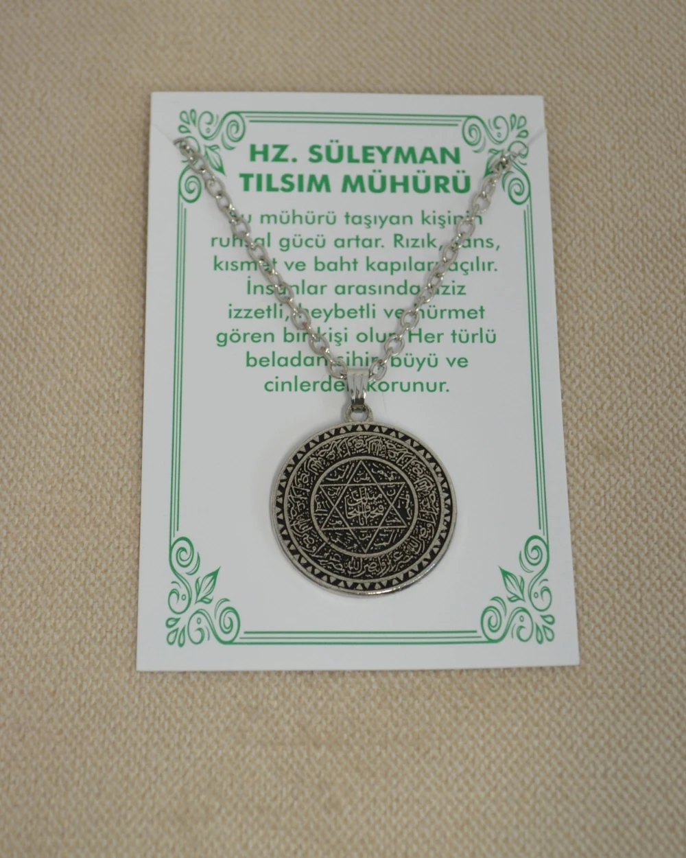 Hz. Süleyman Mührü Kolye – Yuvarlak Metal Kolye Ucu, Metal Zincirli Manevi Koruma Kolyesi