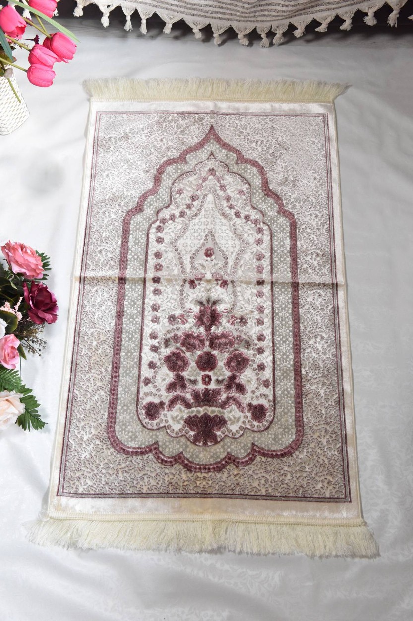 Lüks Hediyelik Çeyizlik Simli Kadife Seccade Pembe