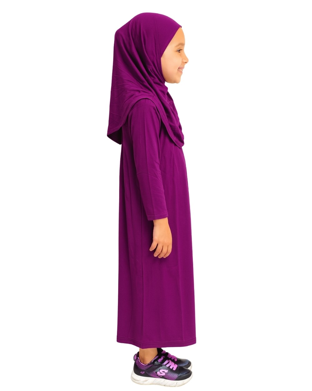Penye Kendinden Başörtülü Çocuk Namaz Elbisesi Mor/ 6-7-8 yaş