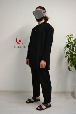 Afgan Model Pamuklu Keten Erkek Takım Siyah– Rahat Kalıp