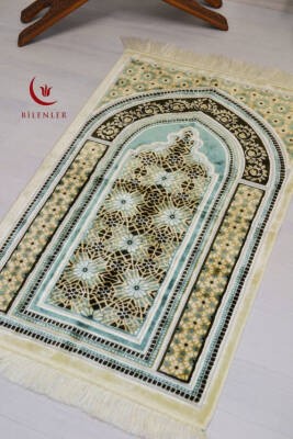 Lüks Kadife Seccade - 70x110 cm - Kalın Yumuşak Doku-Mihrap Desen Su Yeşili