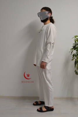 Hac ve Umre İçin Erkek Takım-Lastikli Pantolon&Dik Yaka Gömlek Beyaz
