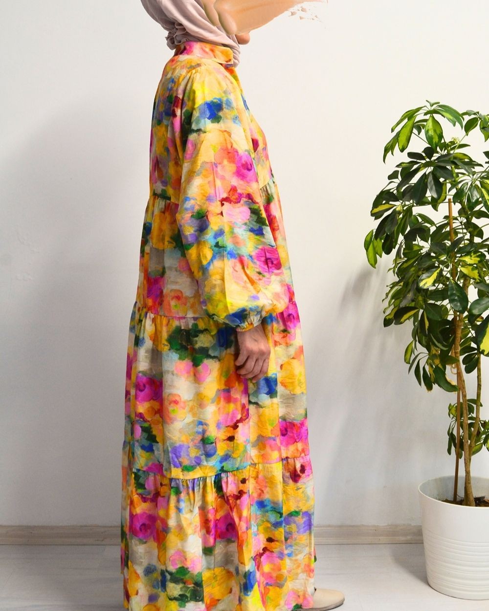 Kadın Modal Tesettür Elbise – Paisley Desenli – Rahat Kalıp – 135 cm Boy – 1-2 Beden
