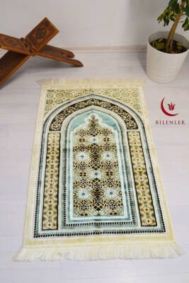 Lüks Kadife Seccade - 70x110 cm - Kalın Yumuşak Doku-Mihrap Desen Su Yeşili