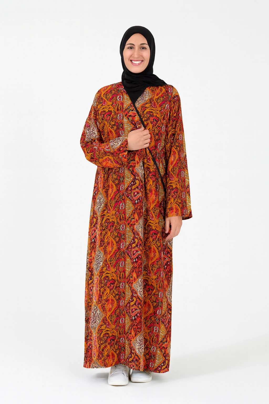 Etnik Desenli Kruvaze Namaz Elbisesi – %100 Viskon, Yandan Bağlamalı 36-46 Beden