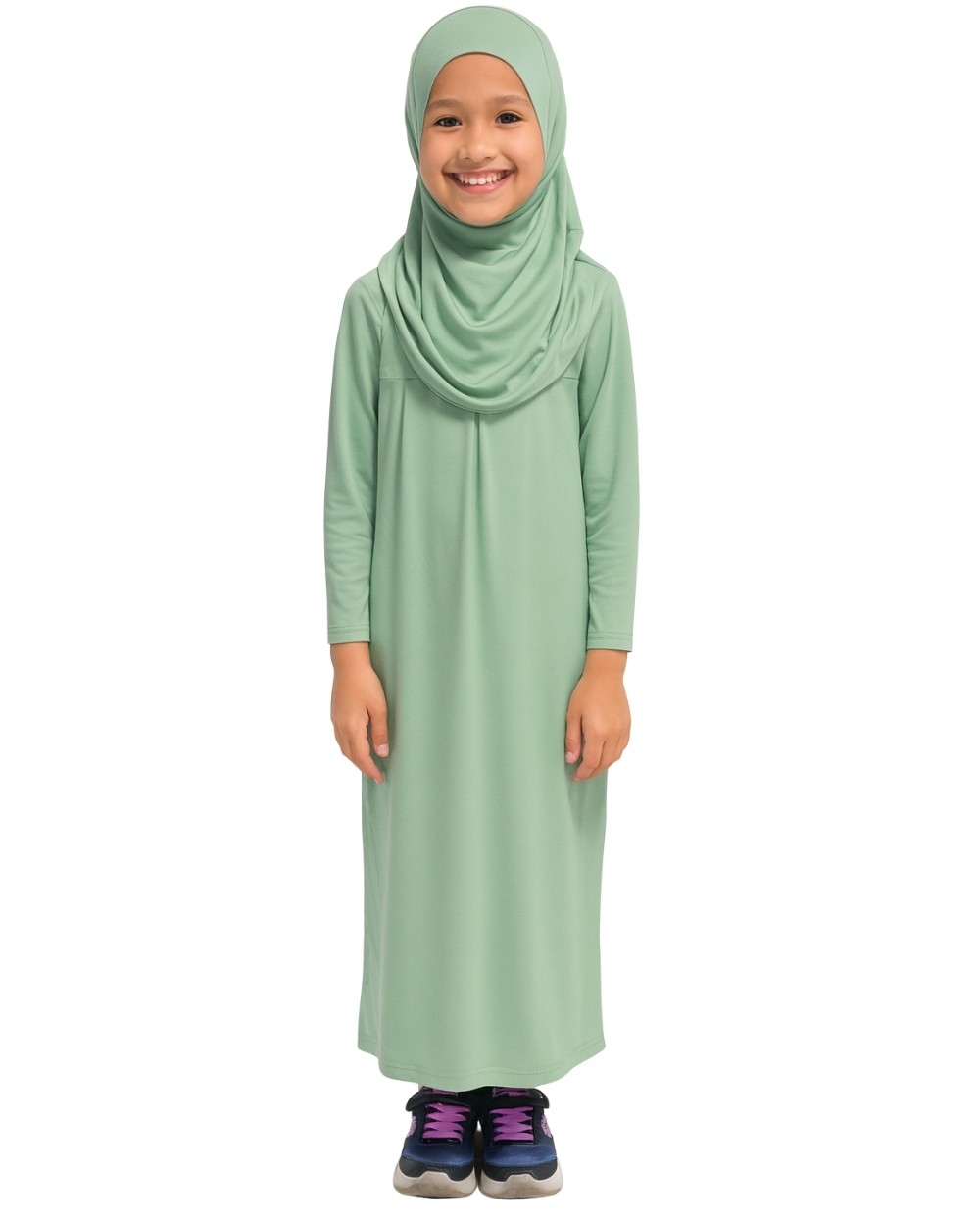 Penye Kendinden Başörtülü Çocuk Namaz Elbisesi Açık Yeşil/ 6-7-8 yaş