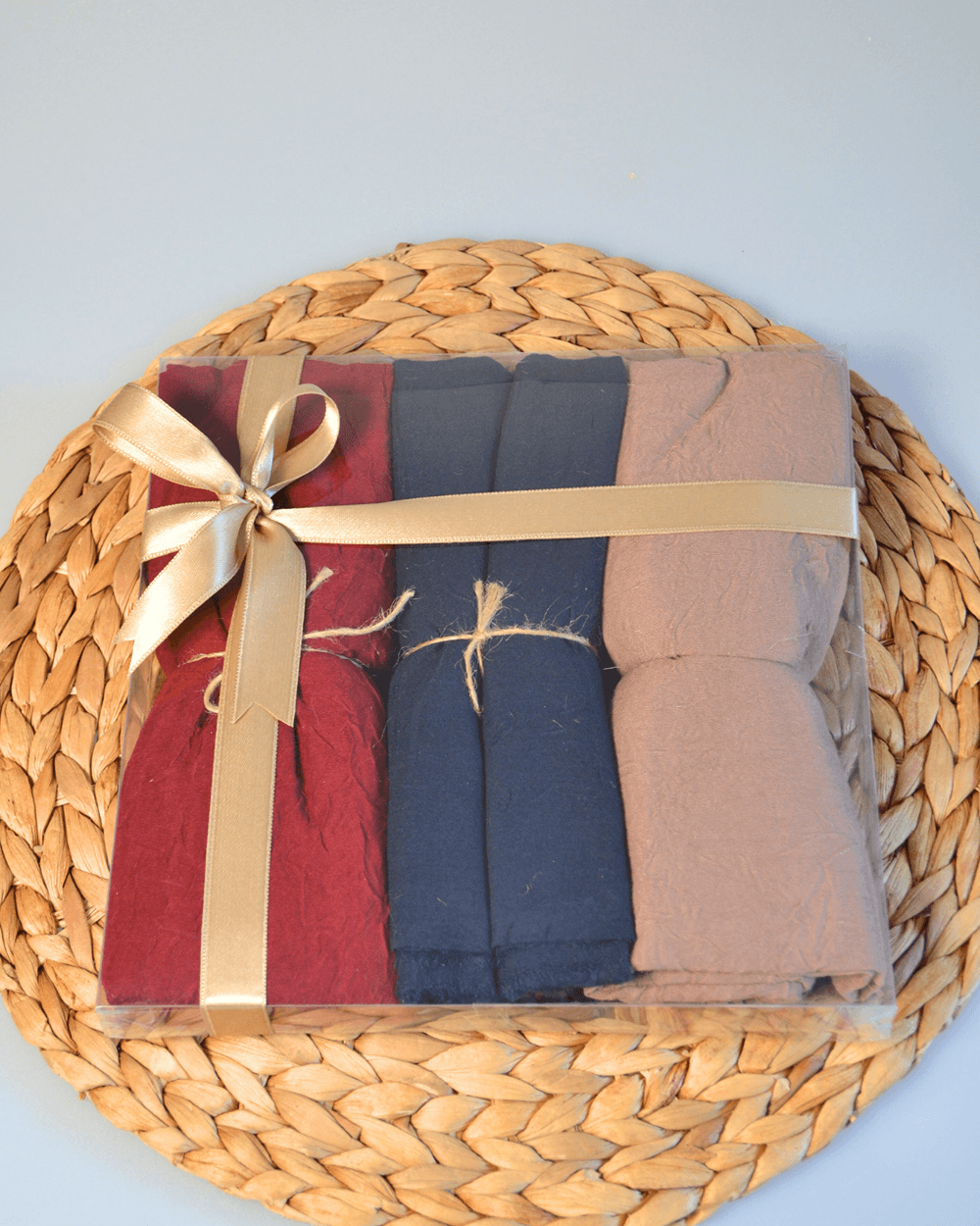 Bambu Kraş Şal 3’lü Set Bordo/ Lacivert/ Vizon– 75x210 cm | Nefes Alabilir; Terletmez; Tok Duruşlu Mevsimlik Kumaş