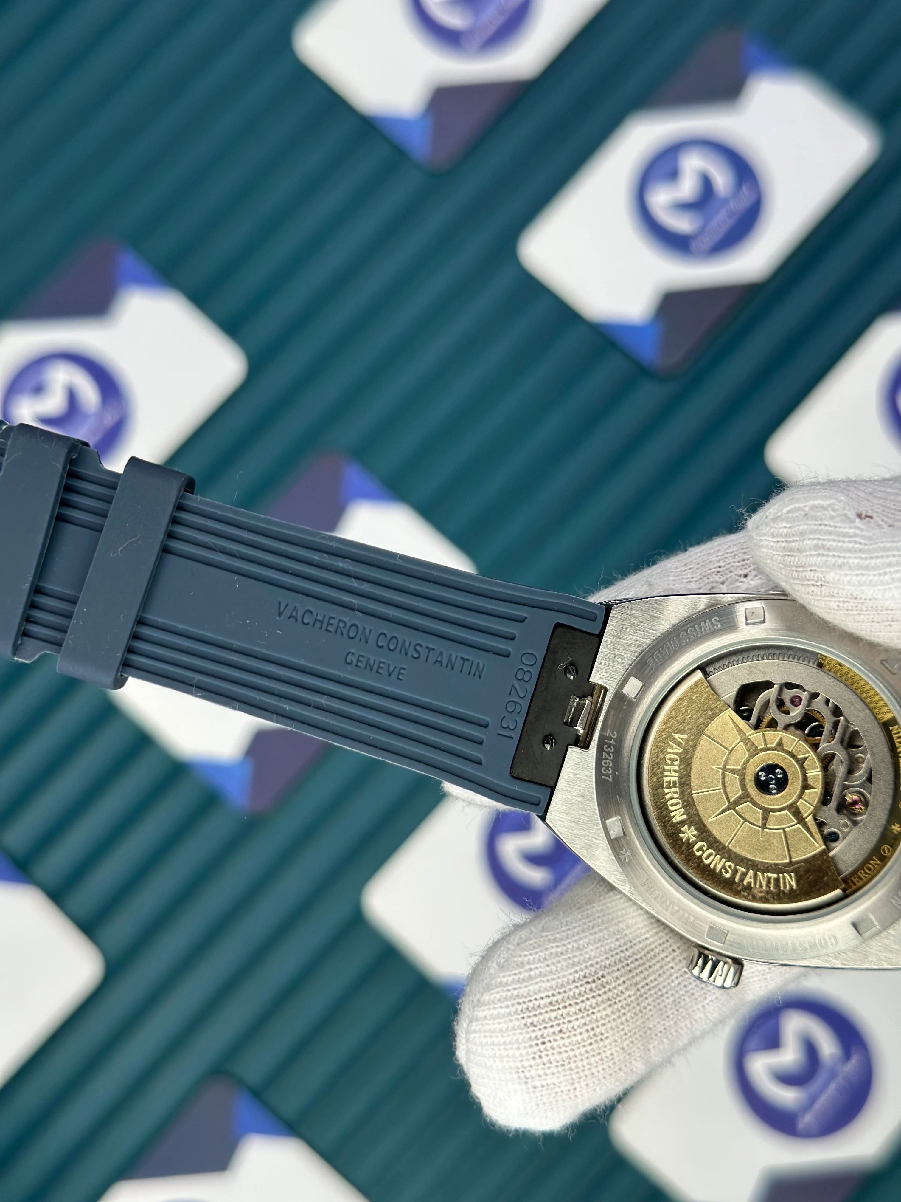 VACHERON CONSTANTIN BLUE DIAL SILVER CASE BLACK BEZEL DUAL TIME NAVY BLUE RUBBER 