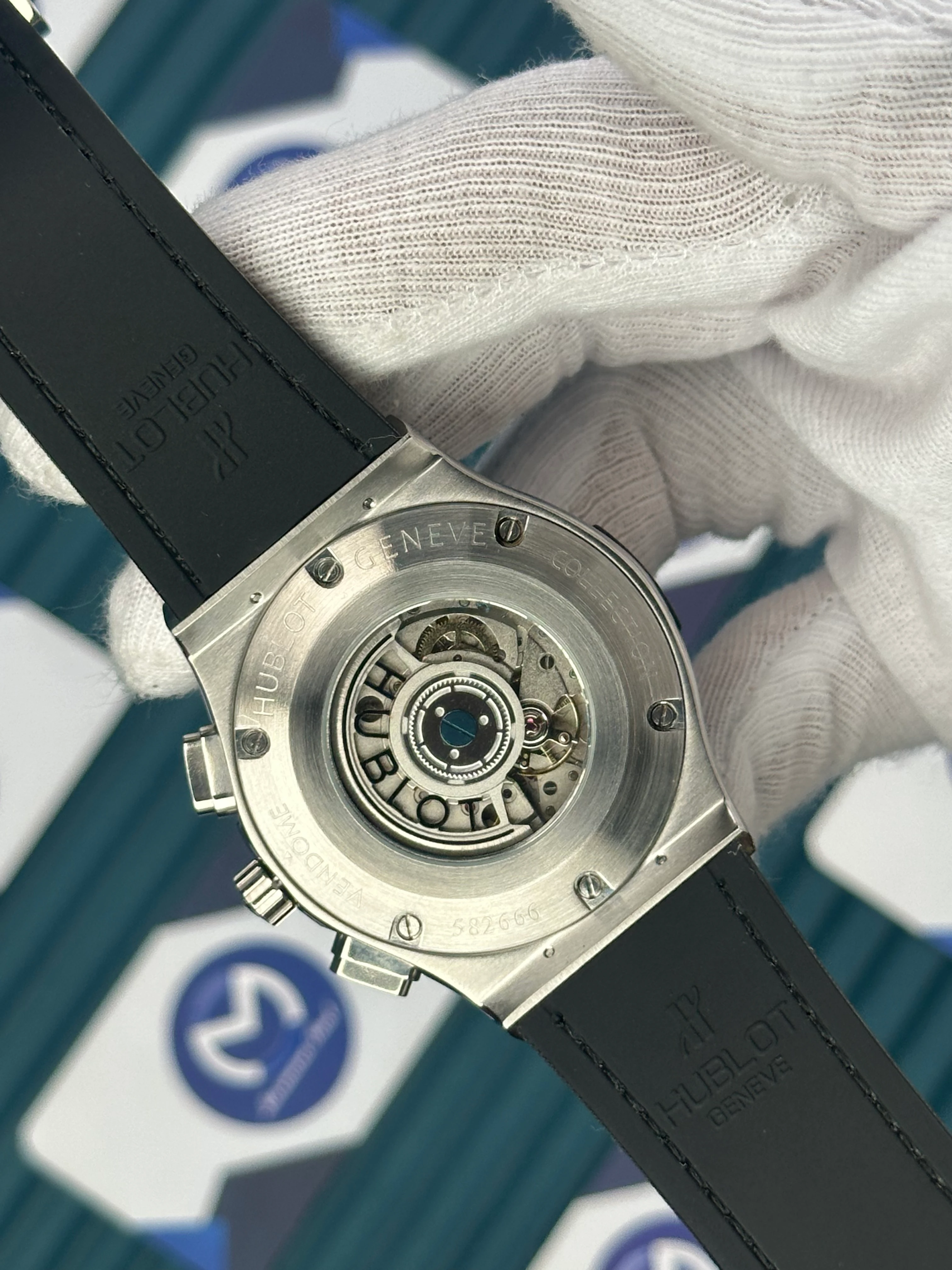 HUBLOT AUTOMATIC FUSHION VENDOME BLACK SKELETON DIAL SILVER CASE BROWN LEATHER CORD 