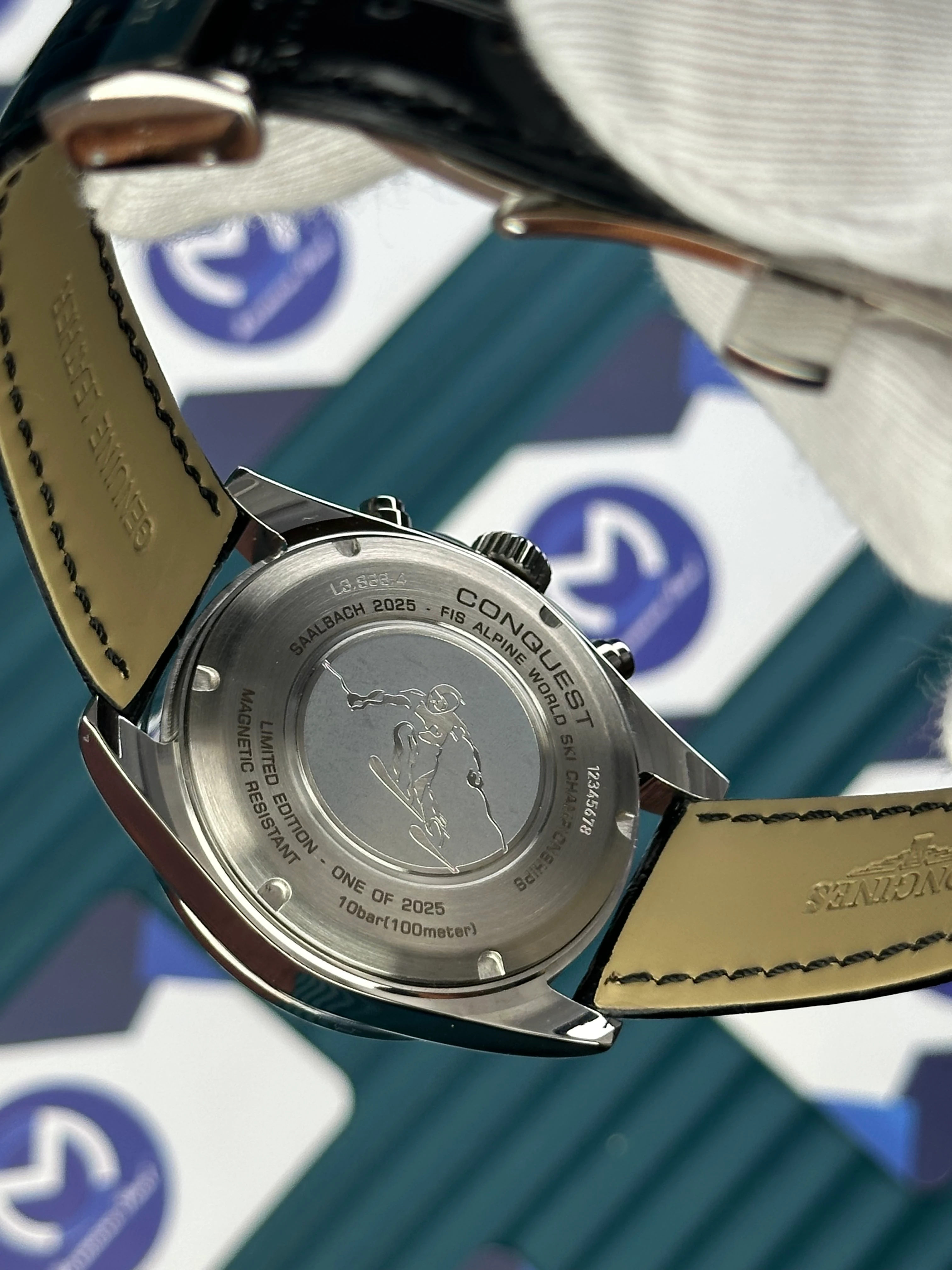 LONGINES CONQUEST AUTOMATIC WHITE DIAL GREEN CHRONOGRAPH BLACK LEATHER 