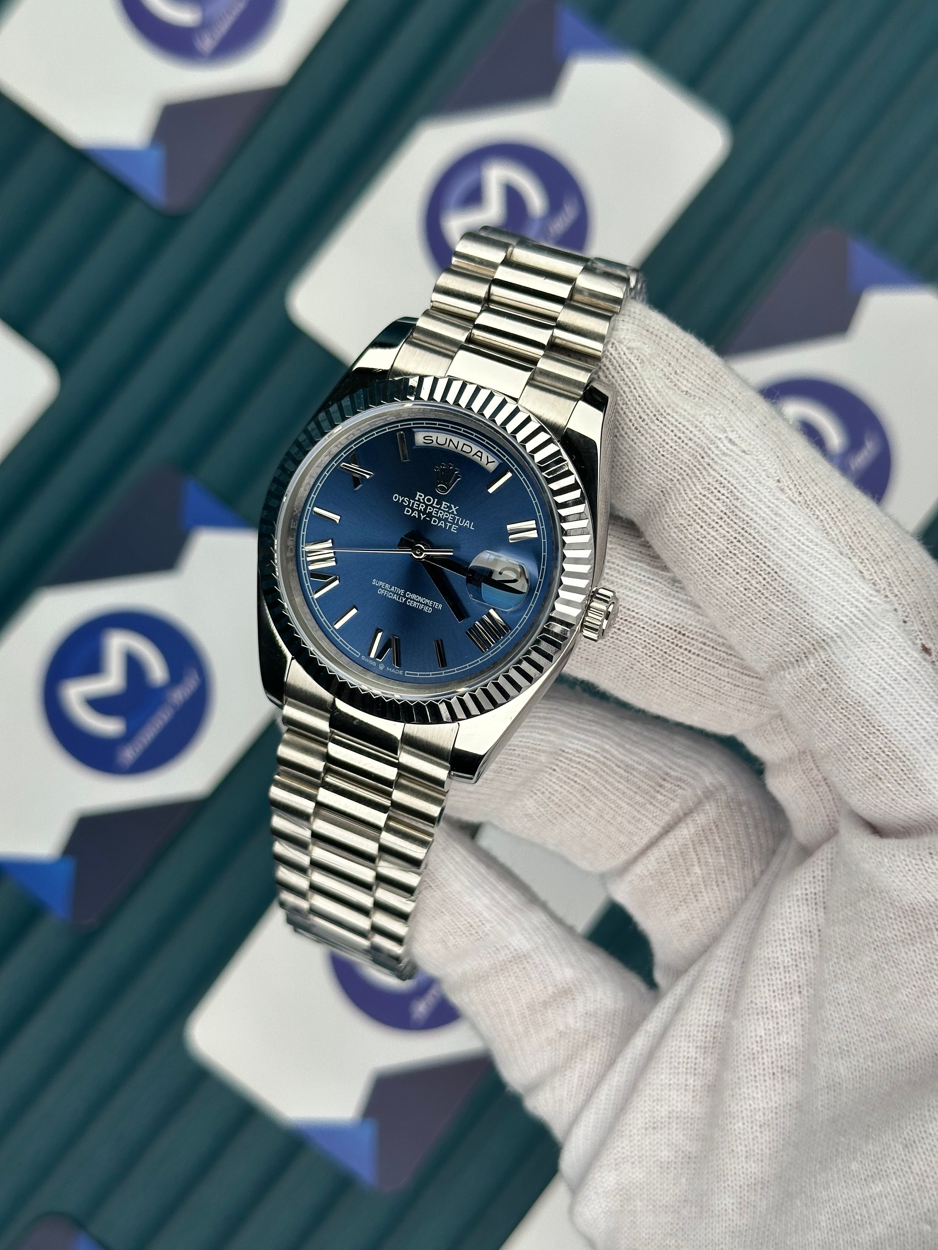 ROLEX DAY-DATE BLUE DIAL ROMA INDEX SILVER PRESIDENT
