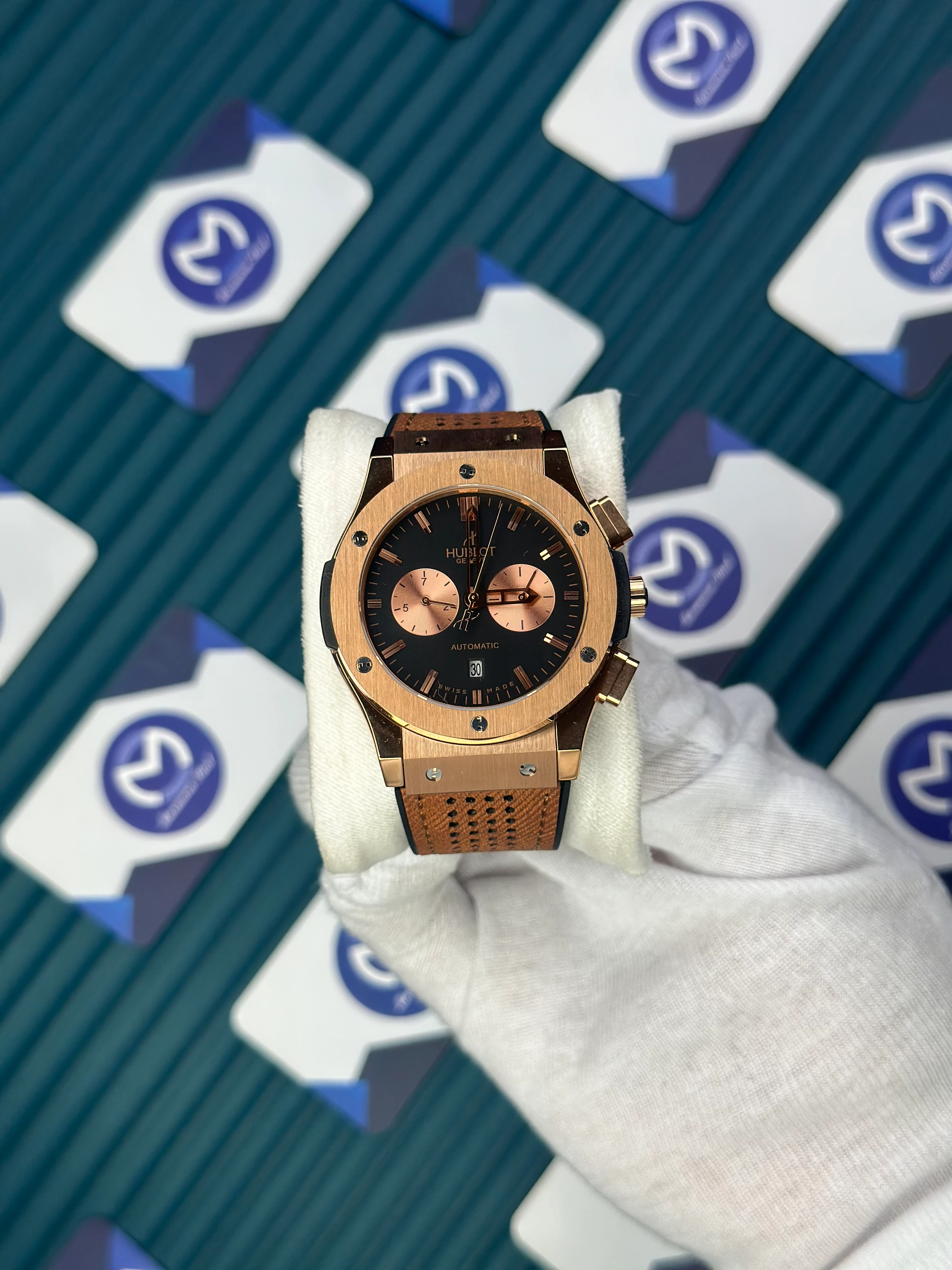 HUBLOT AUTOMATIC CLASSIC FUSHION VENDOME BLACK DIAL CHRONOGRAPH BEIGE LEATHER CORD 