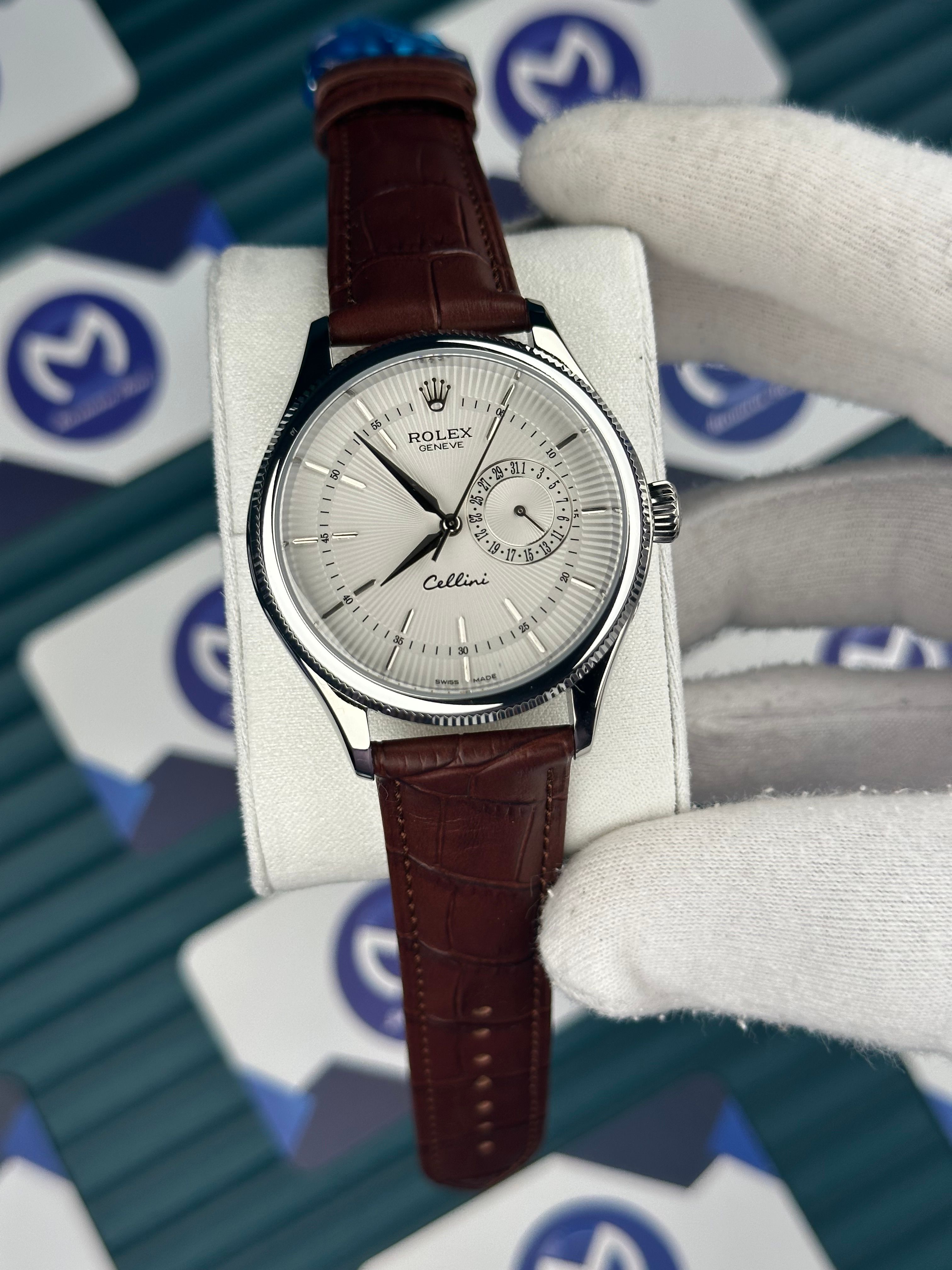 Rolex Cellini Beyaz Fonksiyonlu Kadran Kahverengi Deri Kordon