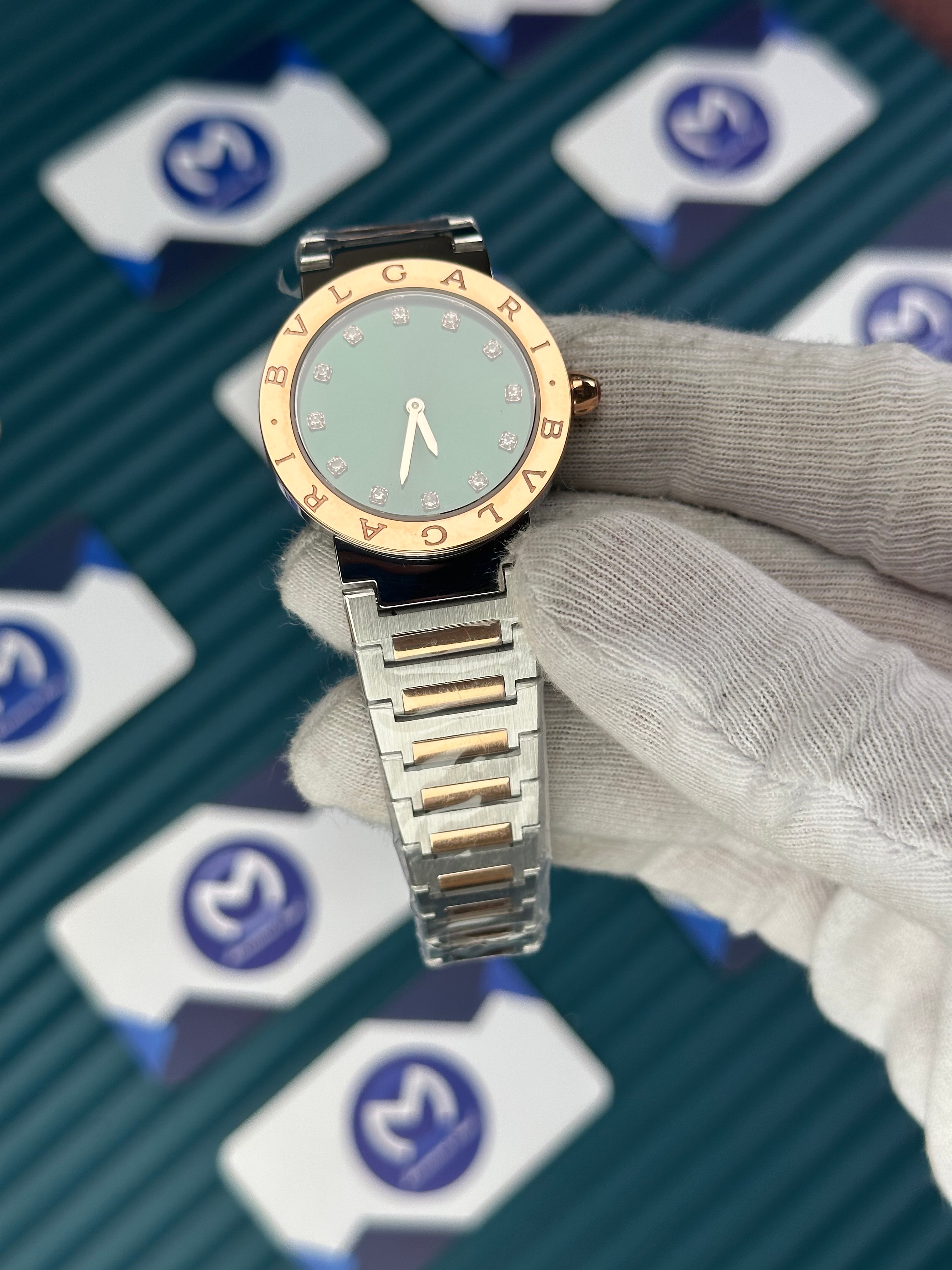 BVLGARI GREEN DIAL GOLD BEZEL DIAMOND INDEX GOLD-SILVER CORD