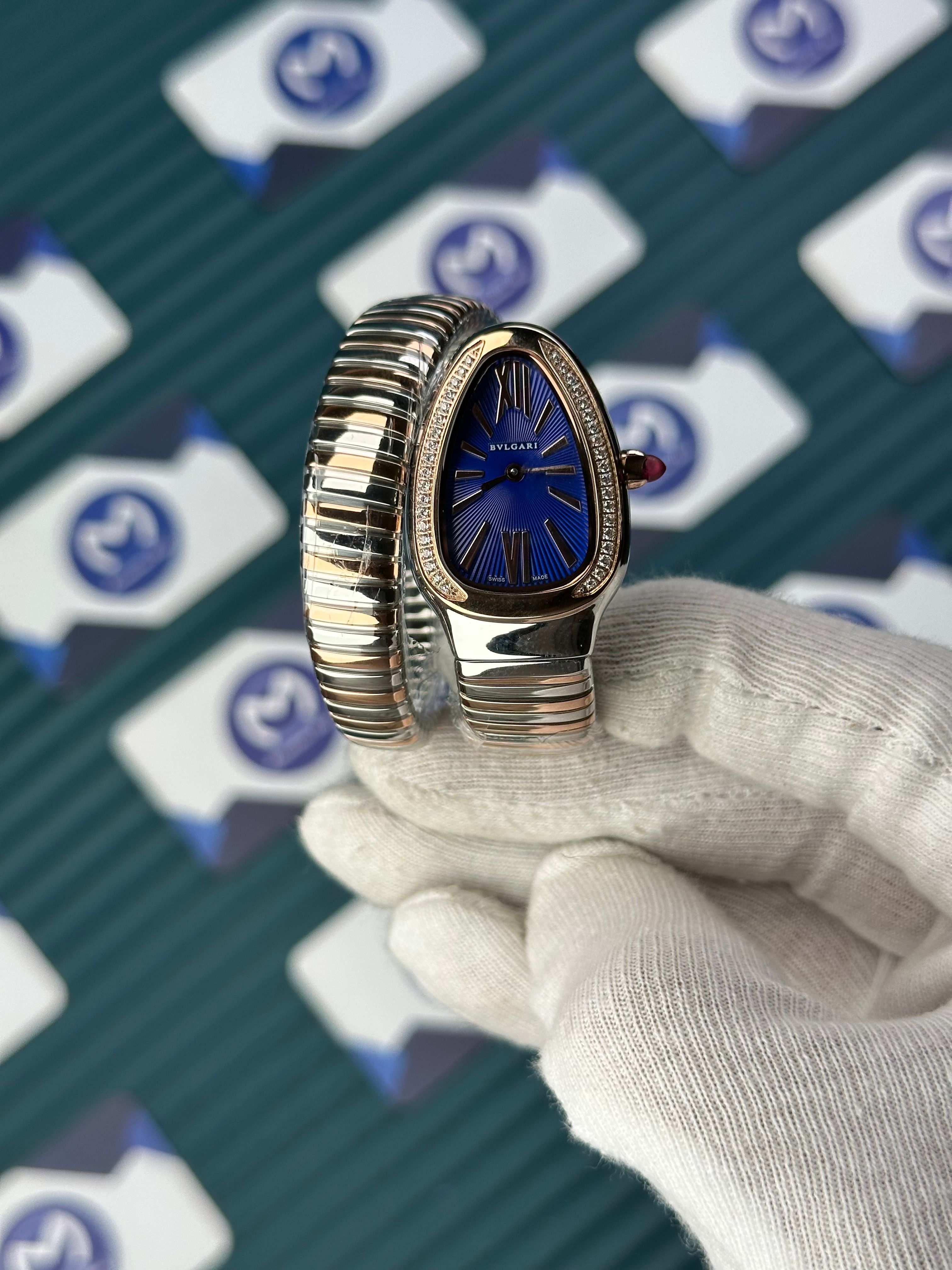 BVLGARI SERPENTI BLUE DIAL DIAMOND BEZEL ROSE-SILVER SHORT TUBOGAS
