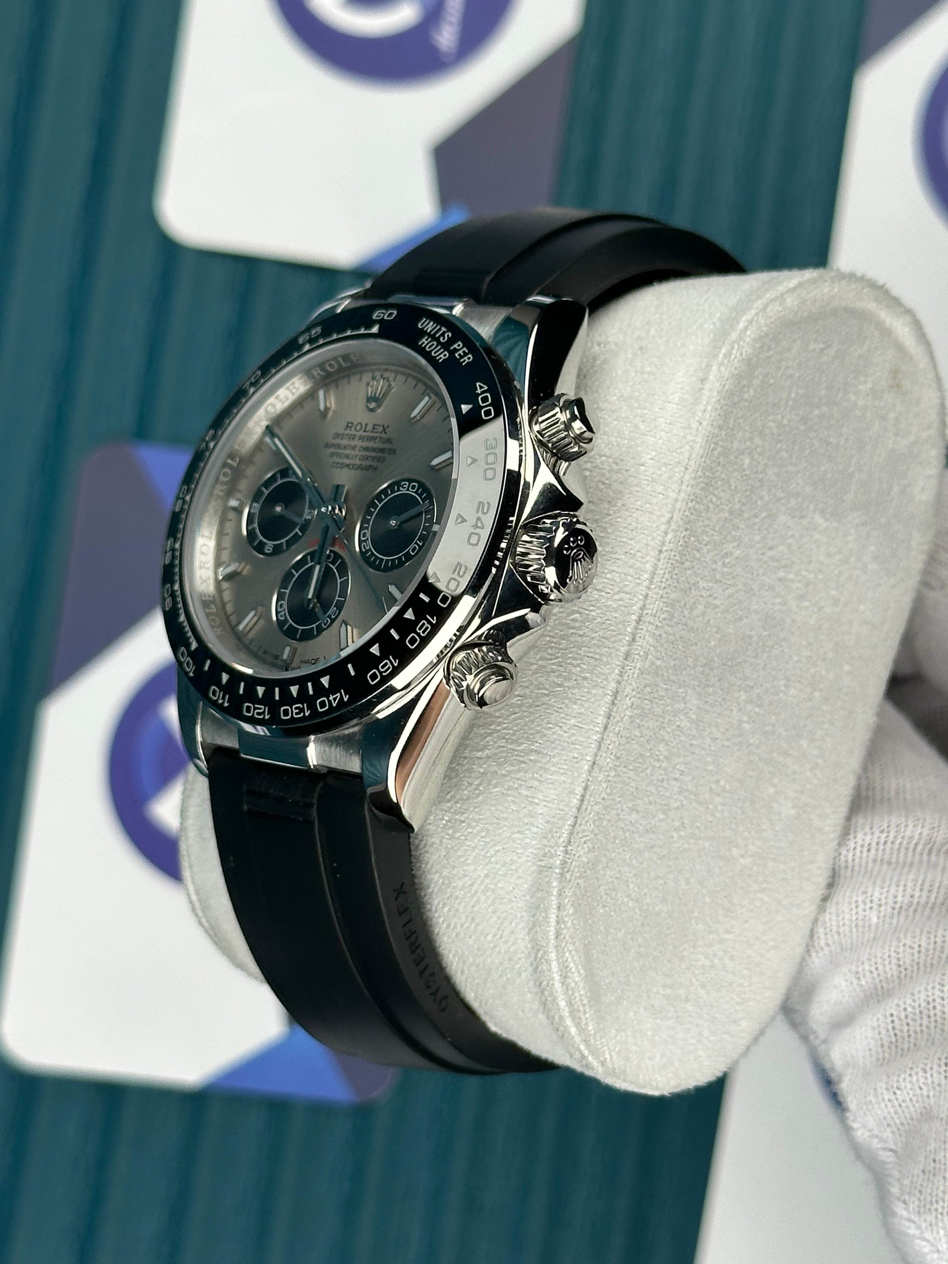 ROLEX DAYTONA GREY DIAL SILVER CASE OYSTERFLEX