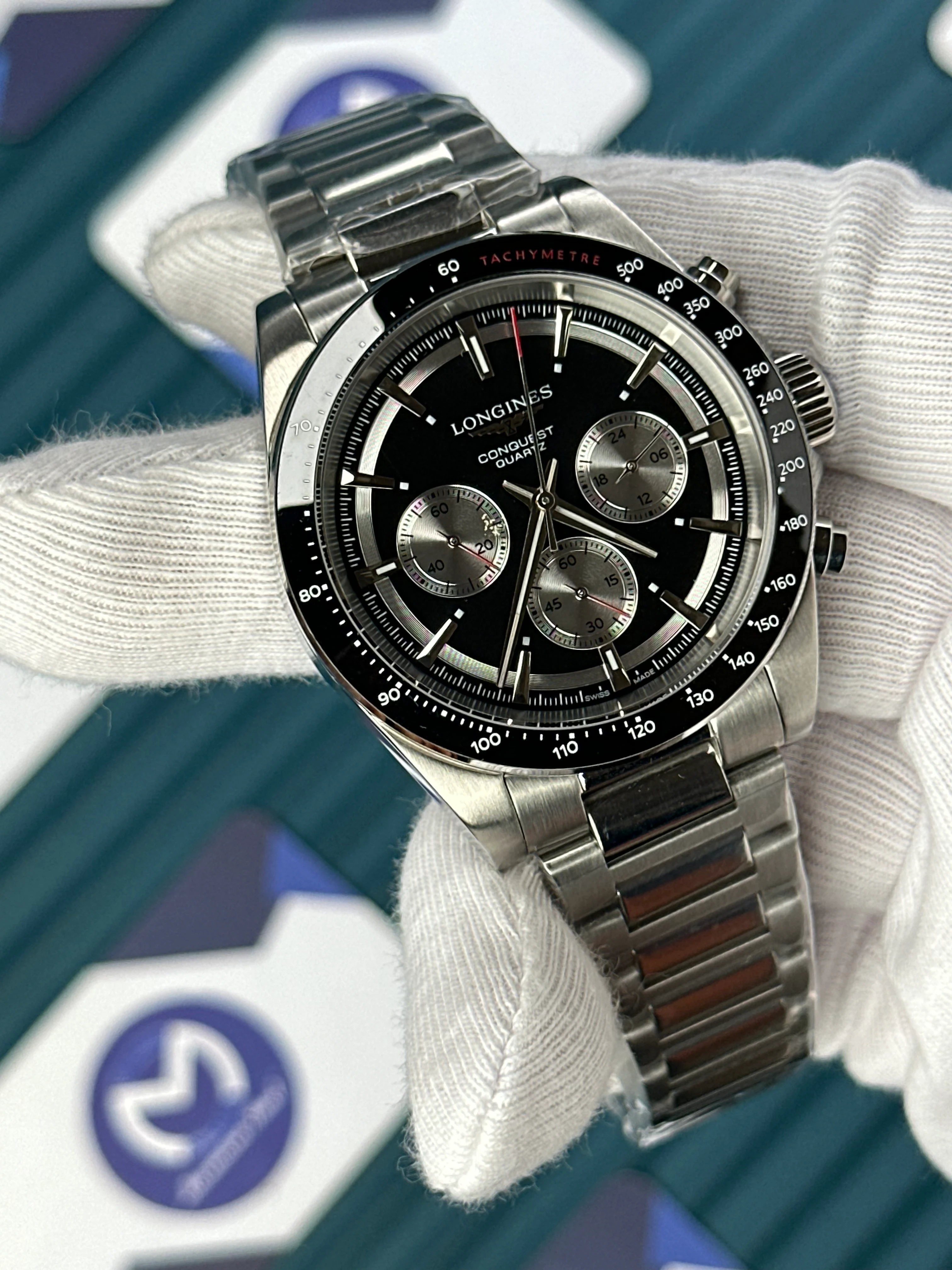 LONGINES CONQUEST CHRONOGRAPH AUTOMATIC BLACK DIAL SILVER 