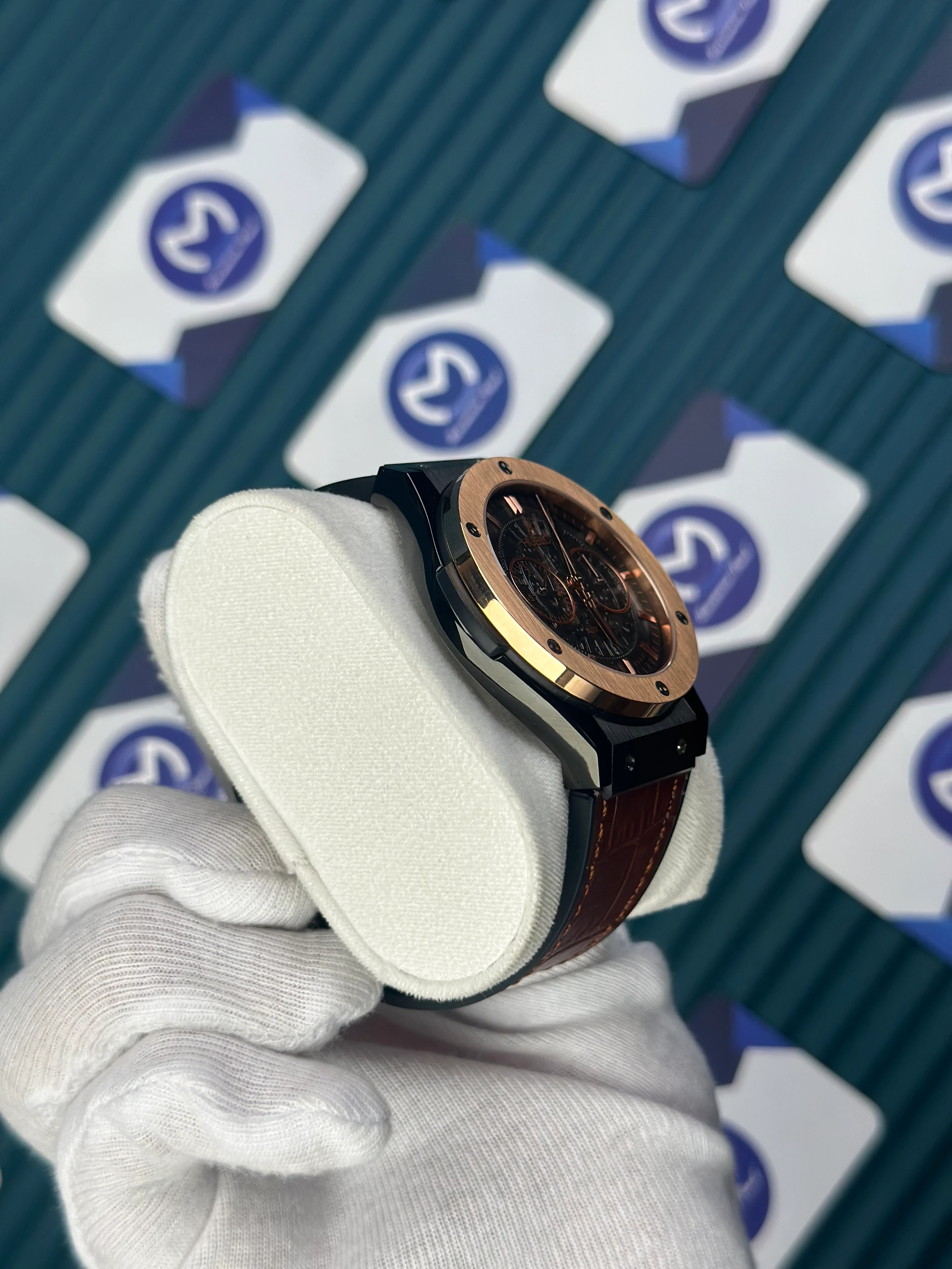 HUBLOT AUTOMATIC CHRONOGRAP SKELETON ROSE BEZEL BLACK CASE BROWN LEATHER CORD