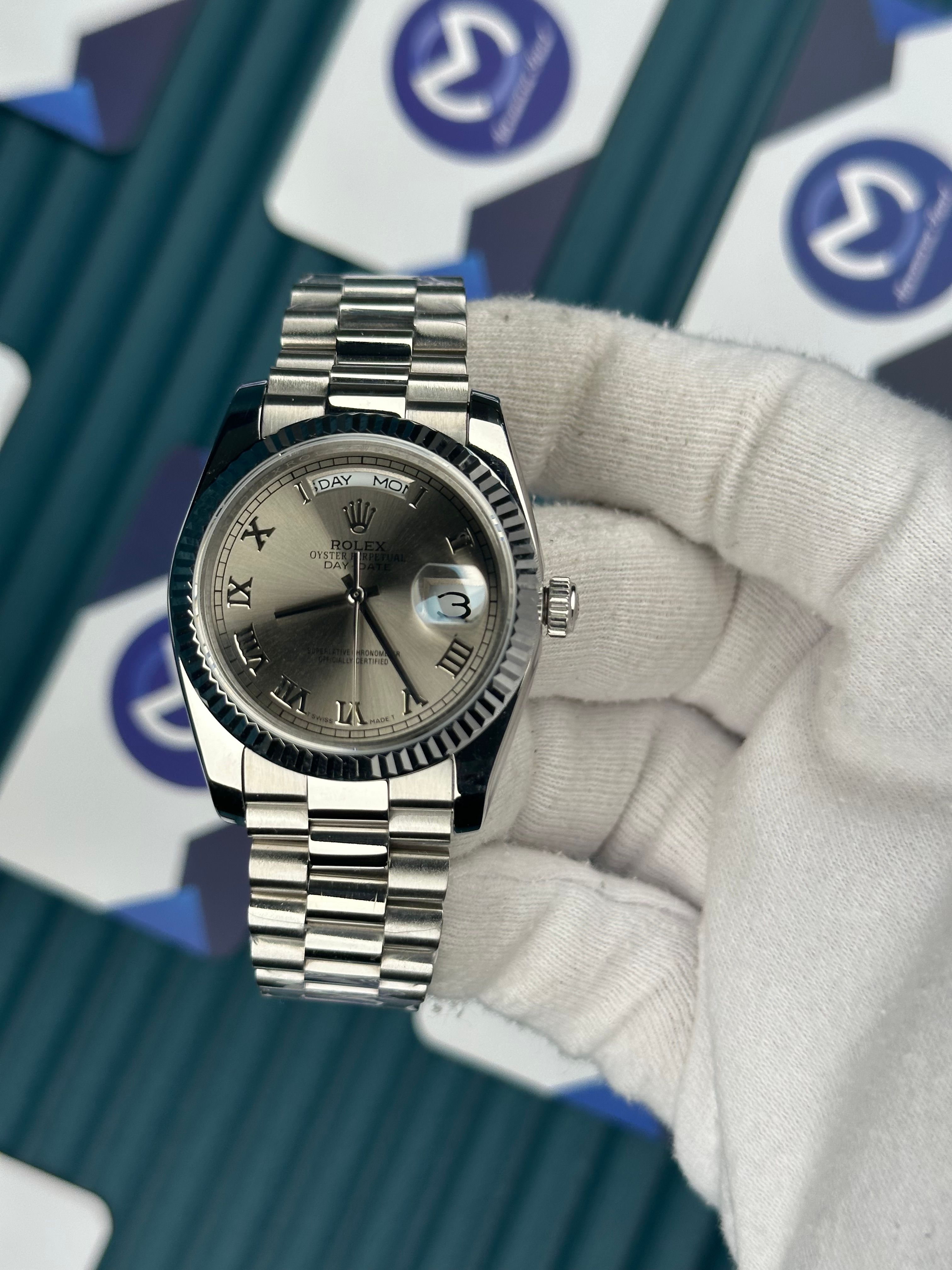 ROLEX 36 DAYDATE GREY DIAL SILVER PRESIDENT