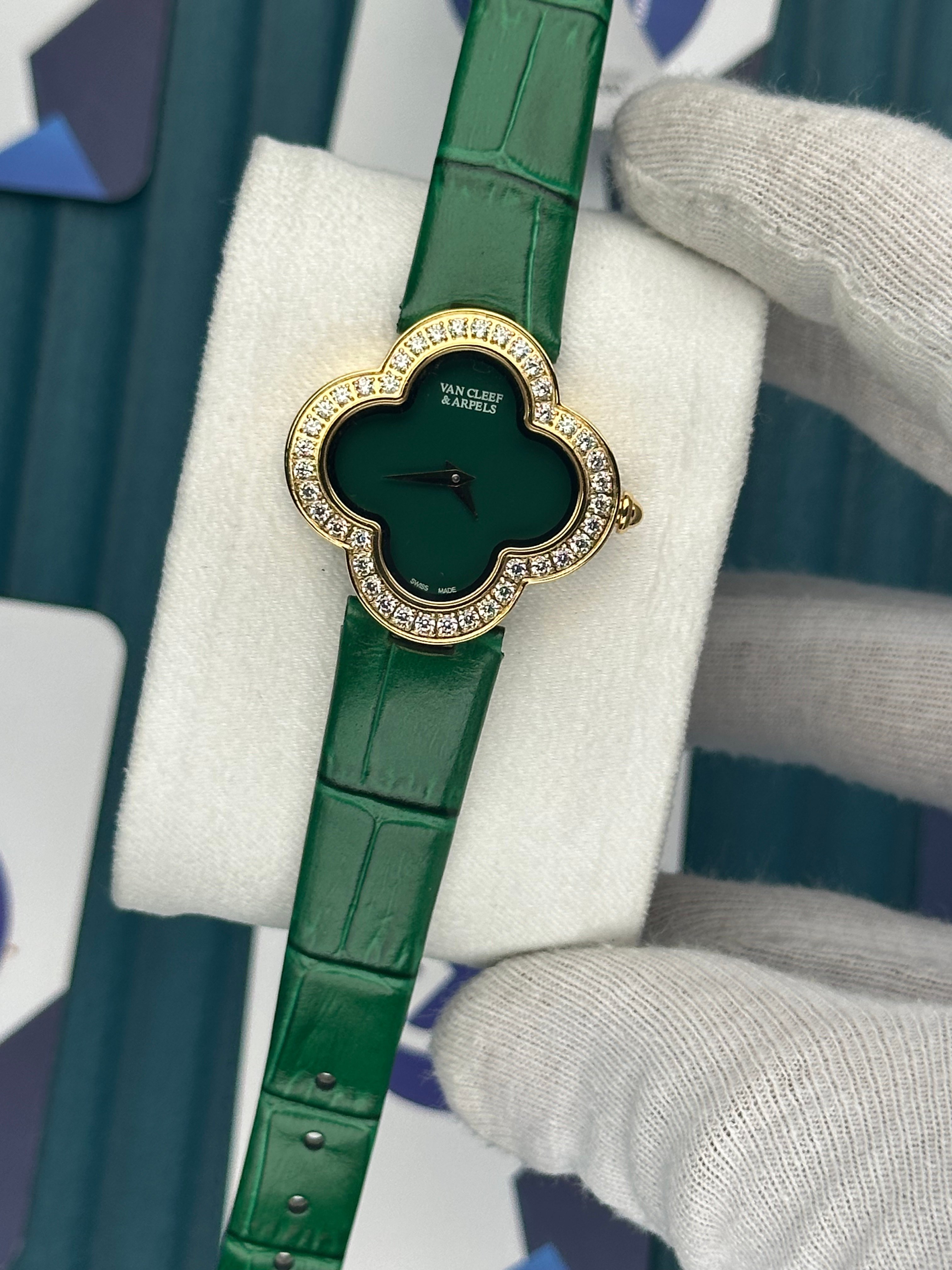 VAN CLEEF & ARPELS GREEN DIAL DIAMOND BEZEL GOLD CASE GREEN LEATHER CORD