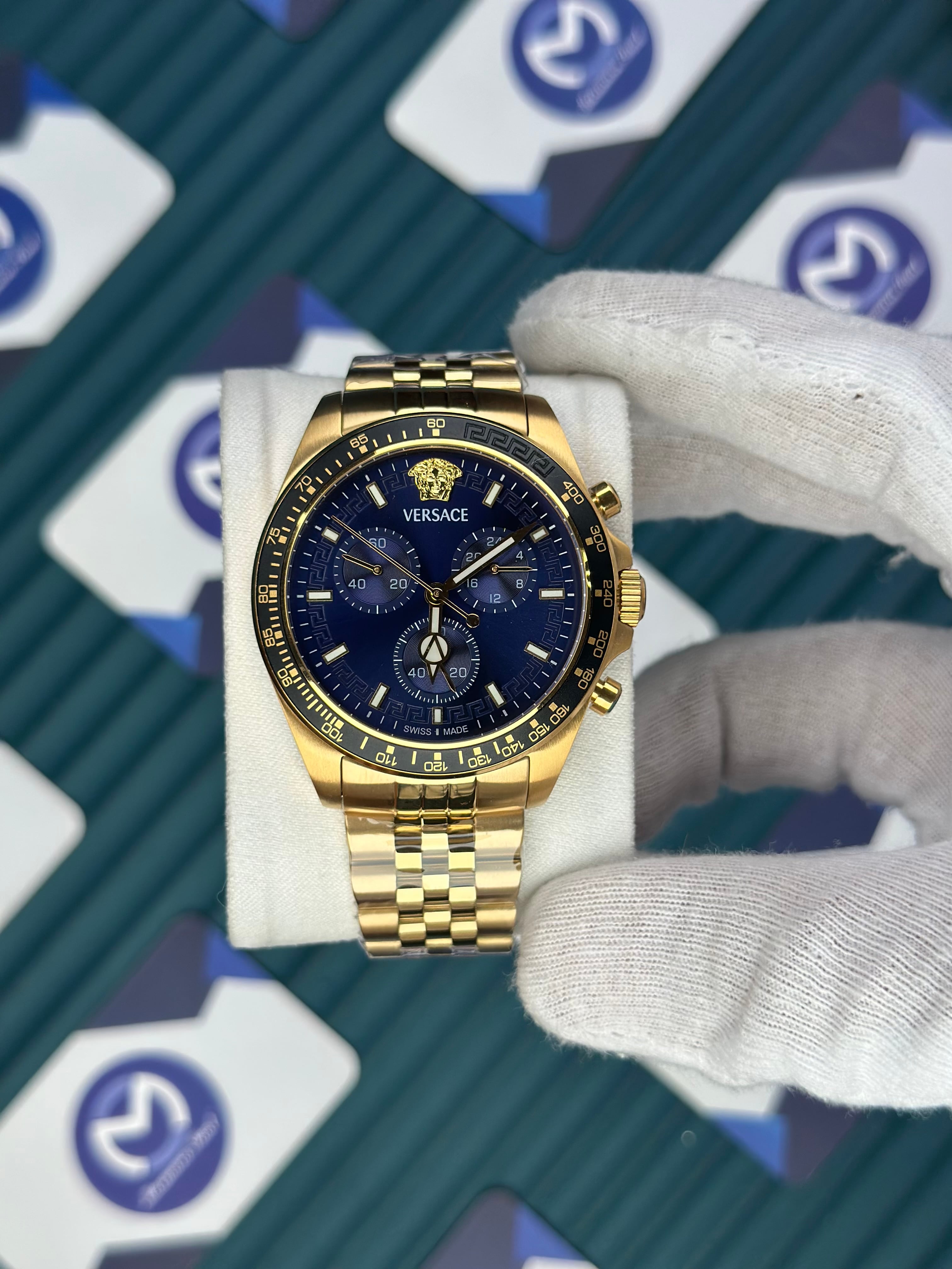 VERSACE NEW NAVY BLUE DIAL CHRONOGRAPH GOLD JUBILE