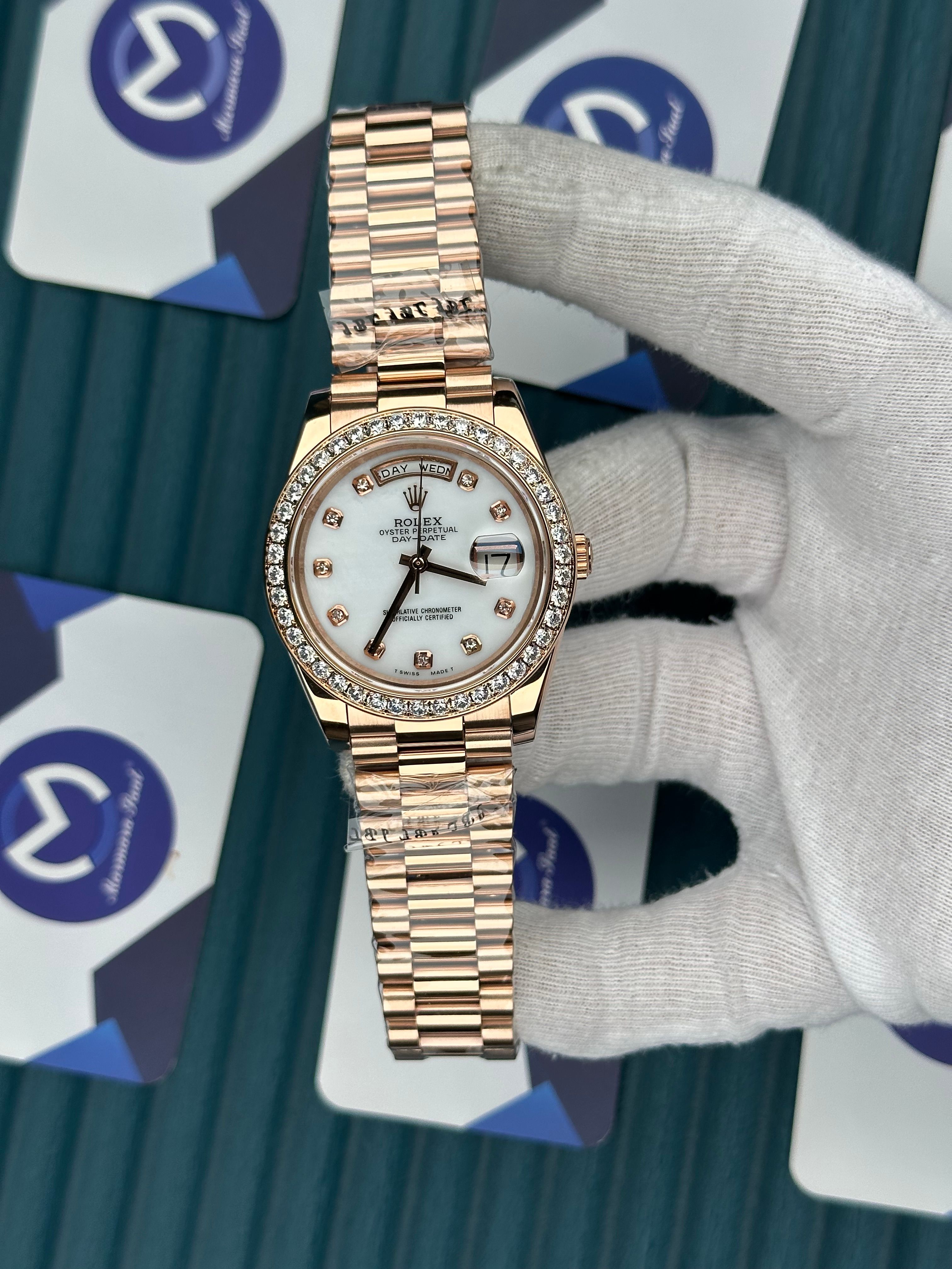 ROLEX DAY-DATE WHITE DIAL DIAMOND INDEX AND BEZEL ROSE PRESIDENT