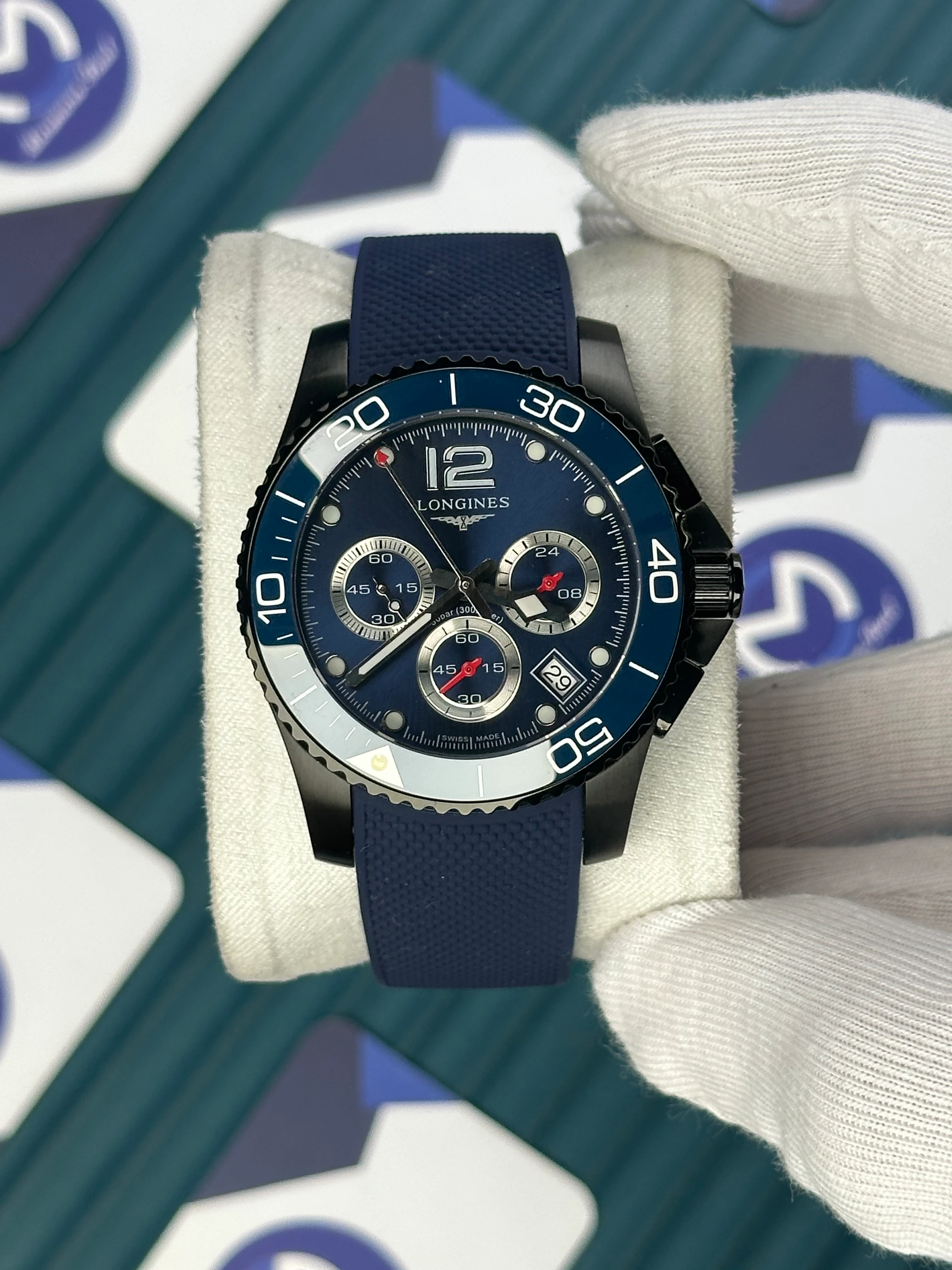 LONGINES HYDROCONQUEST AUTOMATIC BLUE DIAL CHRONOGRAPH BLUE RUBBER CORD