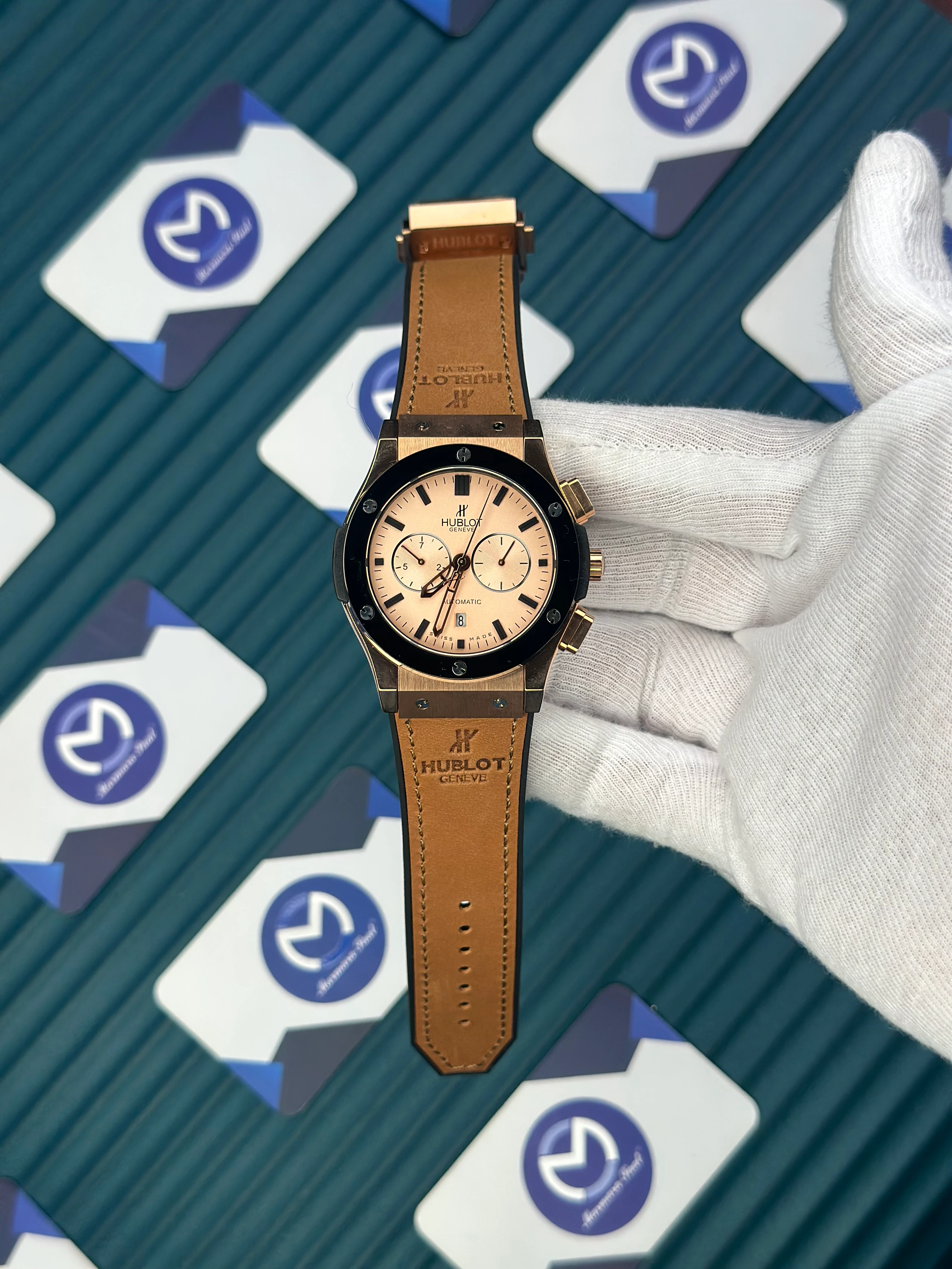 HUBLOT AUTOMATIC CLASSIC FUSHION VENDOME BEIGE DIAL BROWN LEATHER CORD 