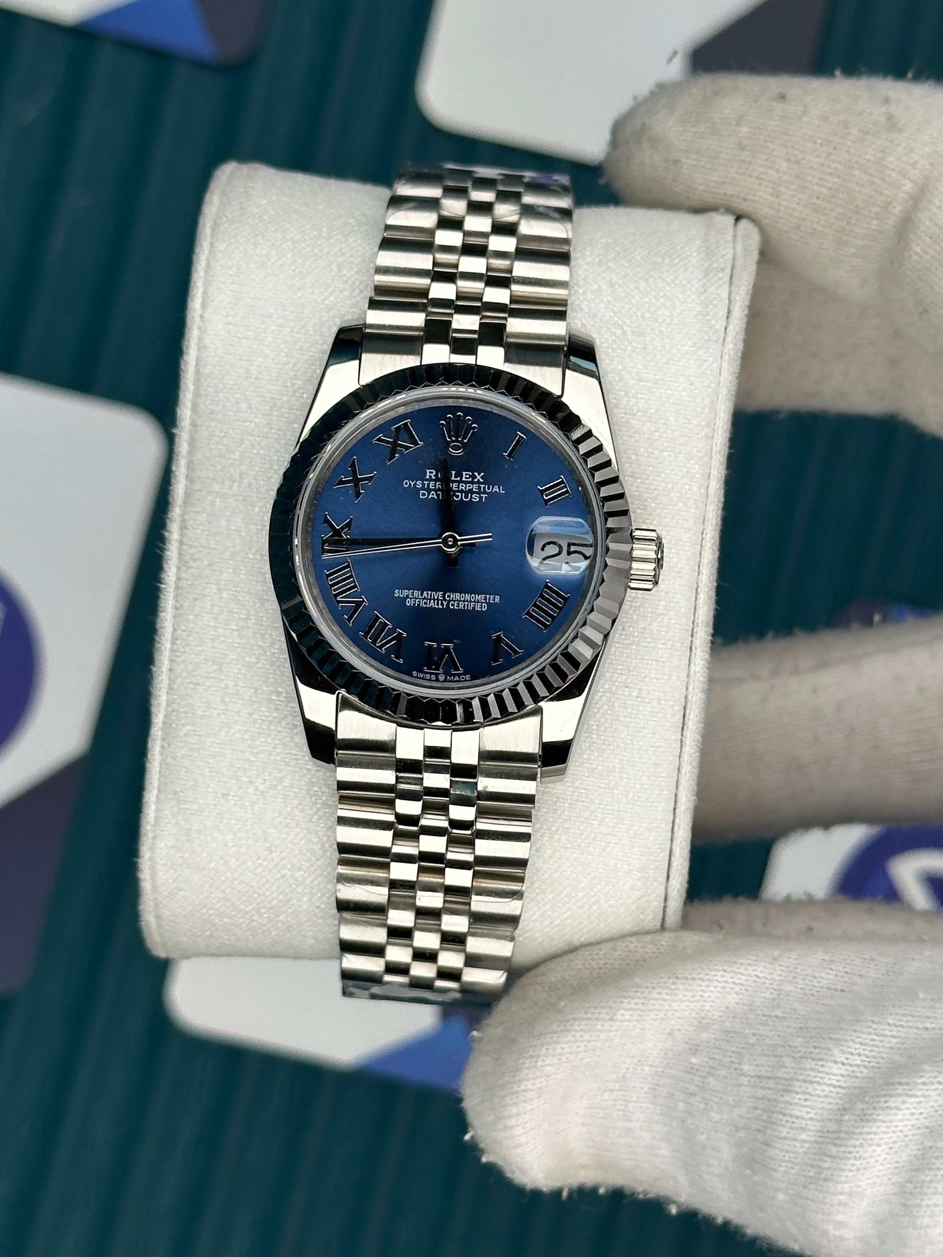 ROLEX 31 BLUE DIAL ROMA INDEX SILVER JUBILEE