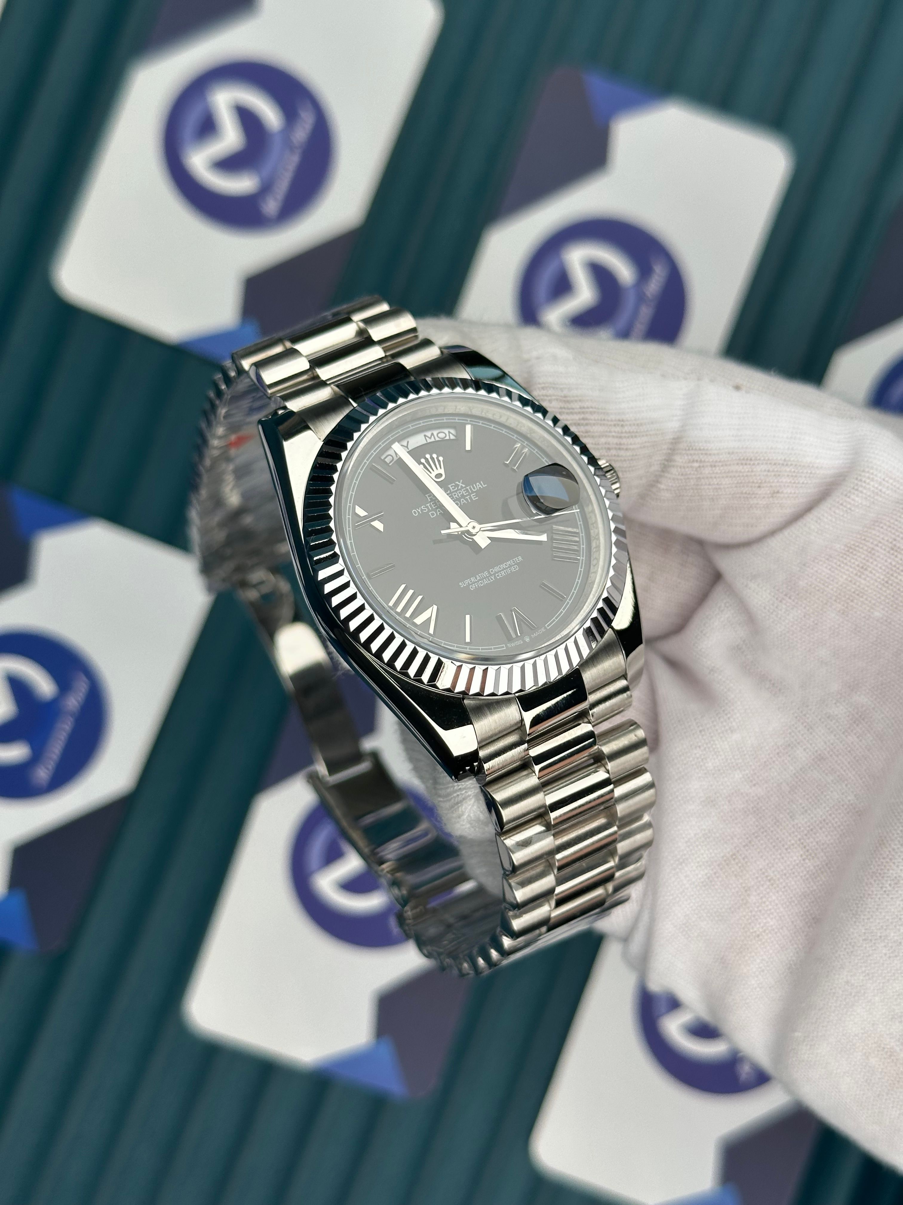 ROLEX DAY-DATE BLACK DIAL ROMA INDEX SILVER PRESIDENT