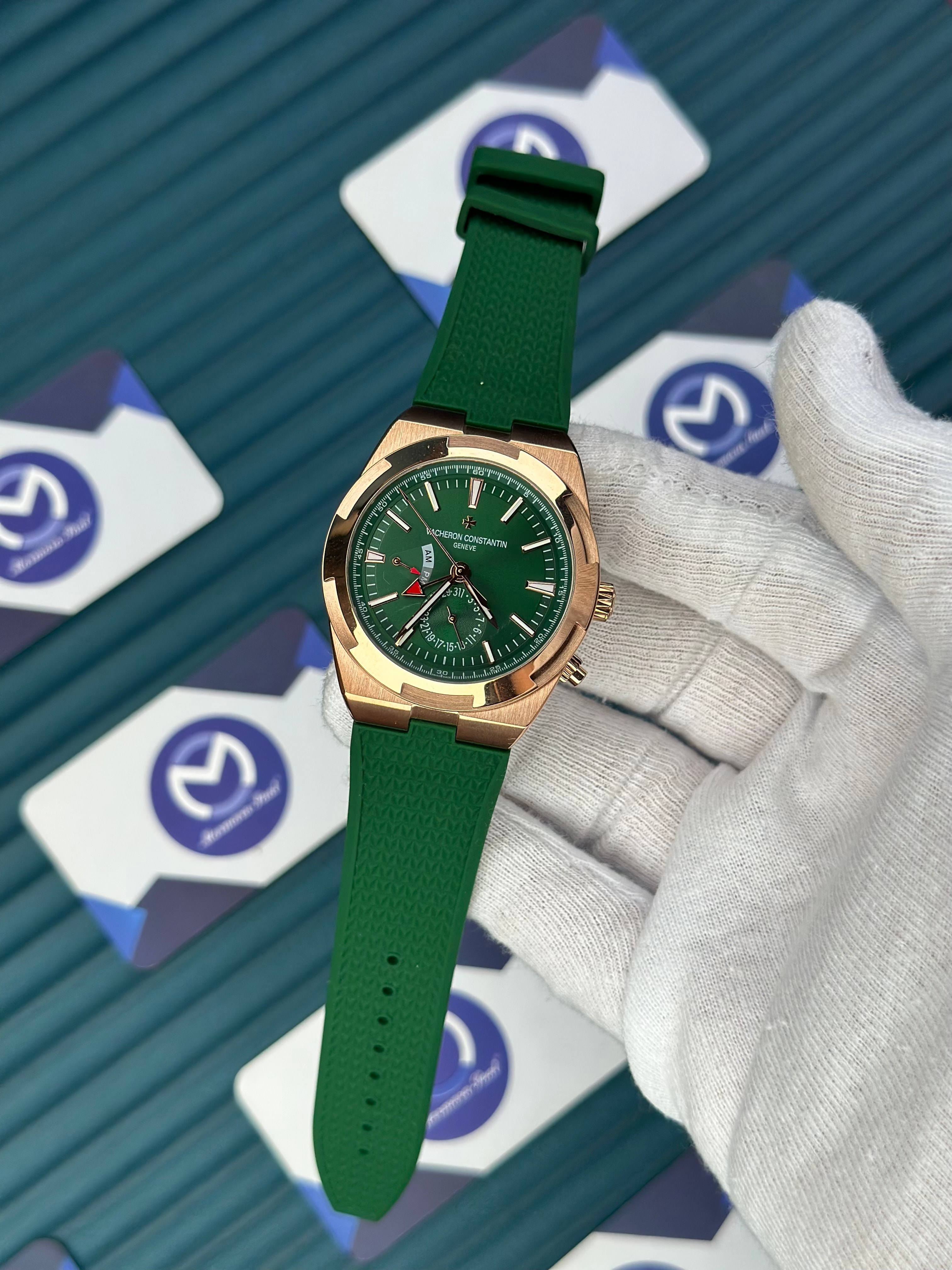 VACHERON CONSTANTIN GREEN DIAL ROSE CASE DUAL TIME OVERSEAS GREEN RUBBER