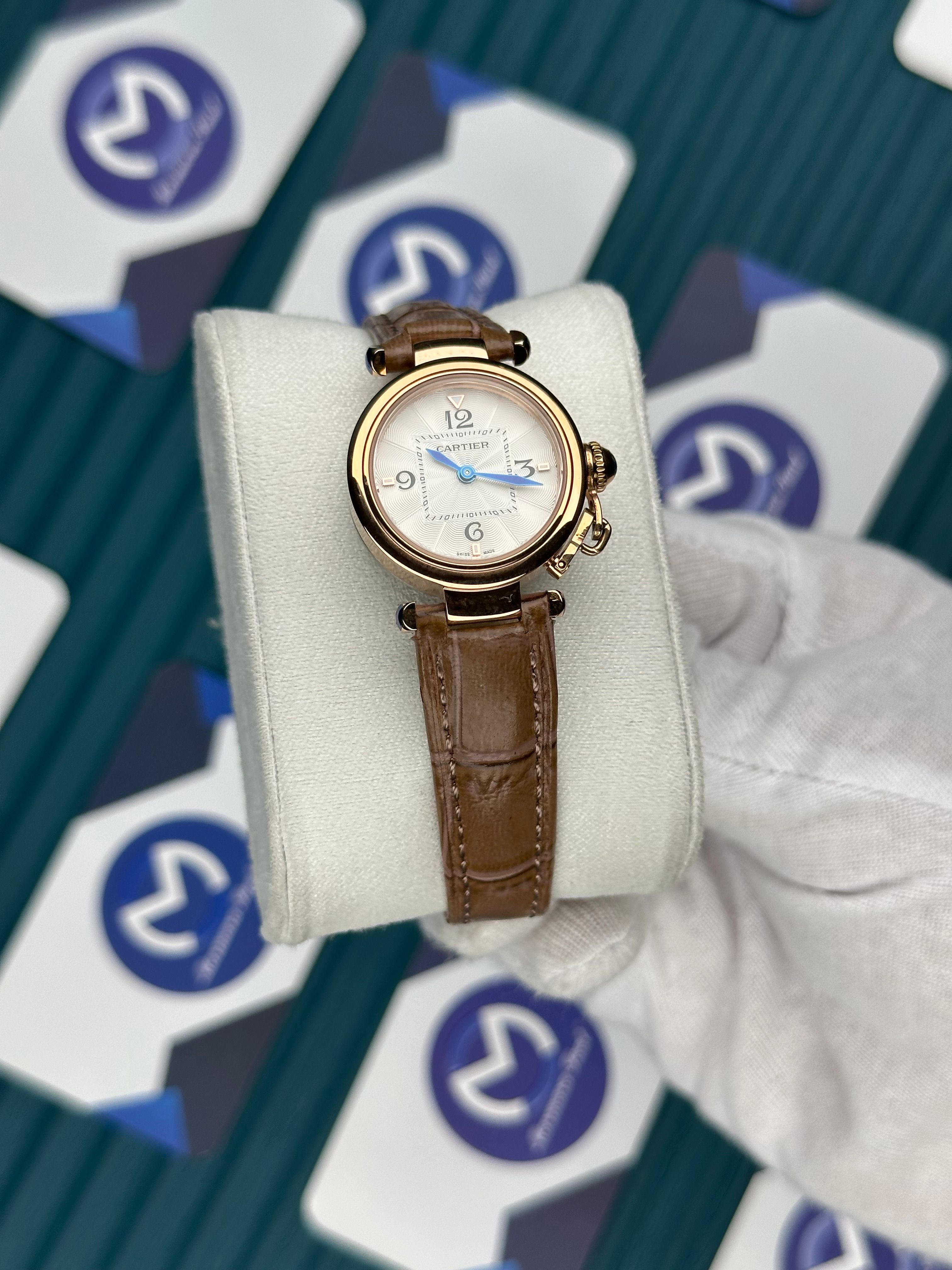 CARTIER PASHA DE CARTIER WHITE DIAL ROSE CASE CARAMEL LEATHER CORD