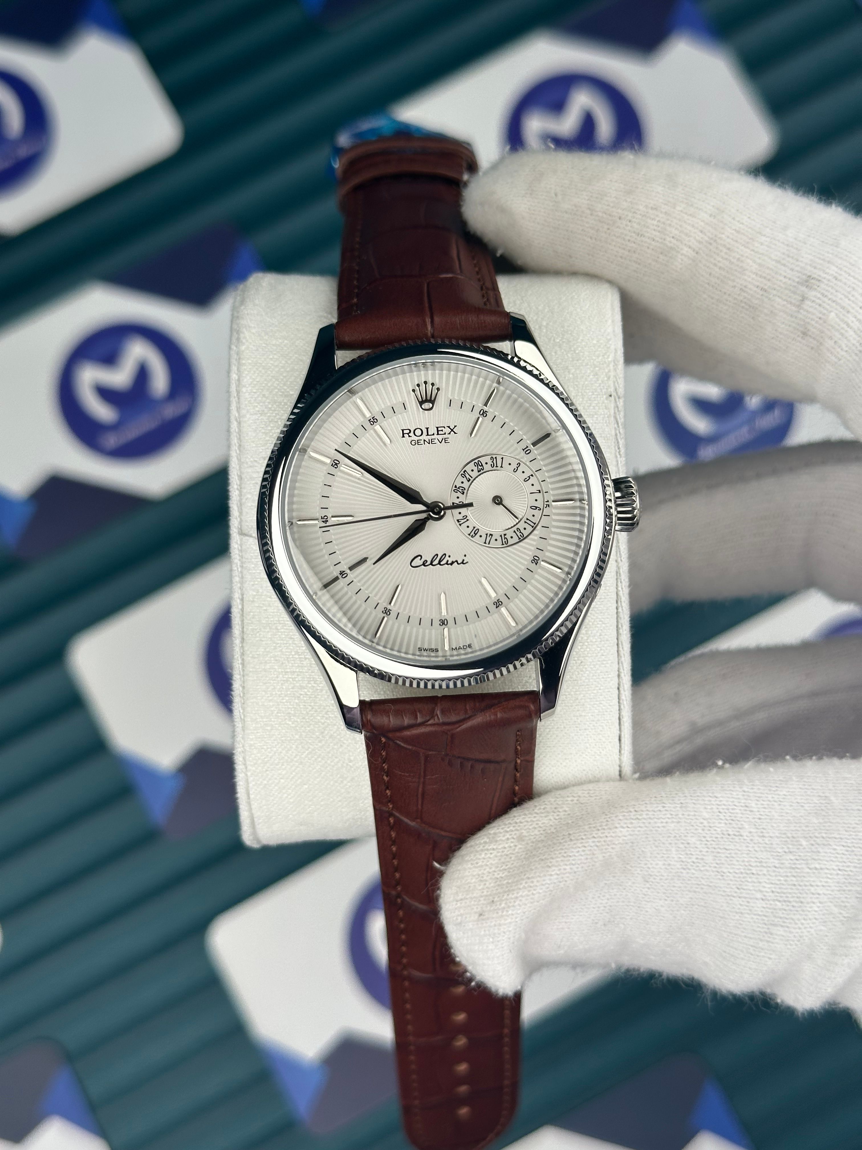 Rolex Cellini Beyaz Fonksiyonlu Kadran Kahverengi Deri Kordon