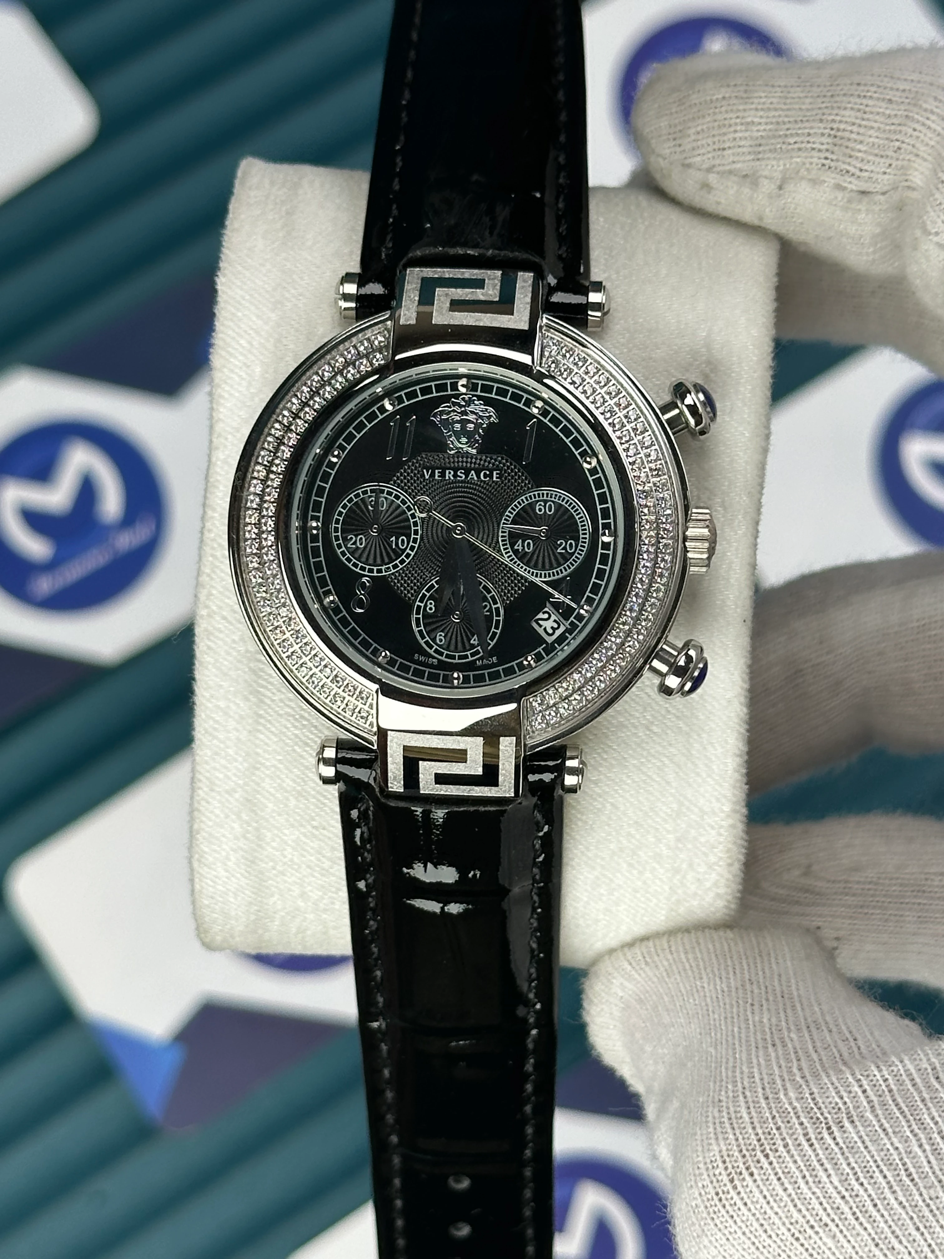 VERSACE 38 BLACK DIAL SILVER CASE DIAMOND BEZEL CHRONOGRAPH BLACK LEATHER CORD