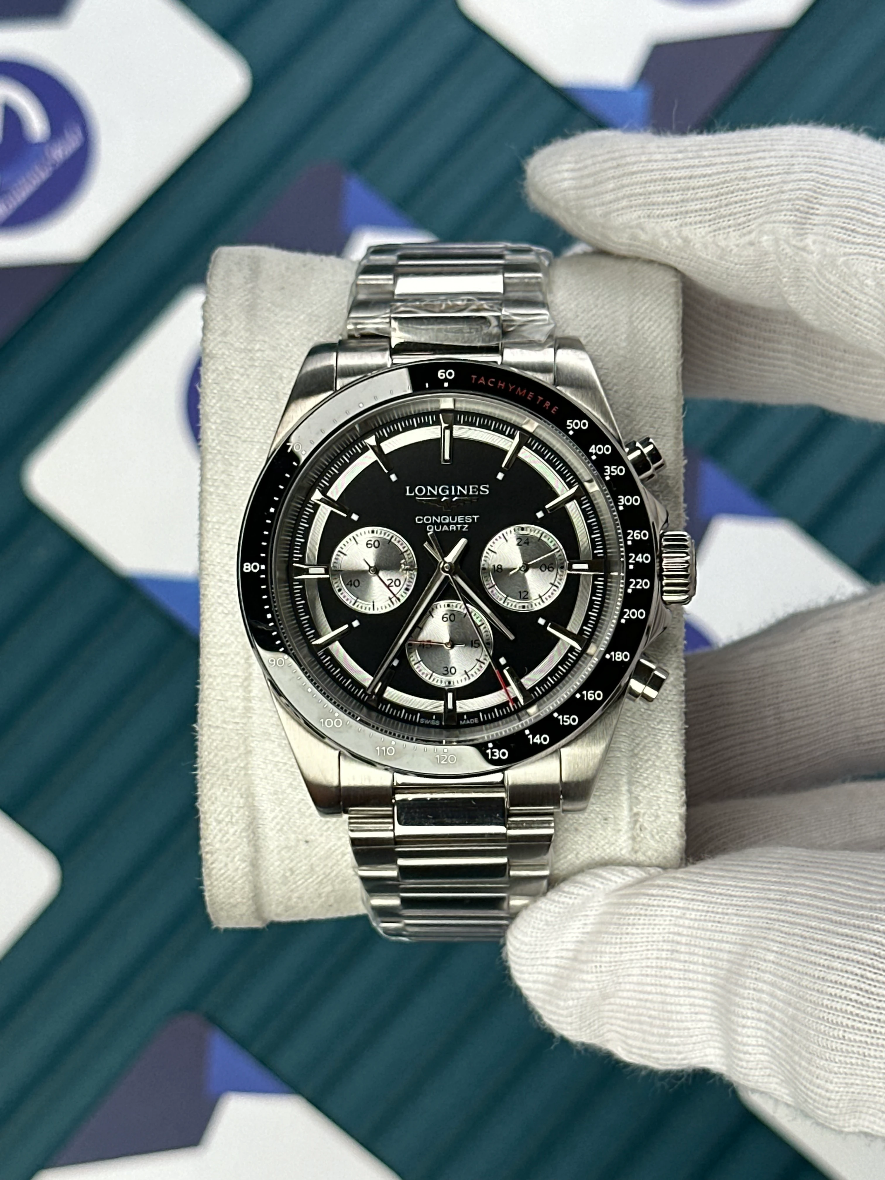 LONGINES CONQUEST CHRONOGRAPH AUTOMATIC BLACK DIAL SILVER 