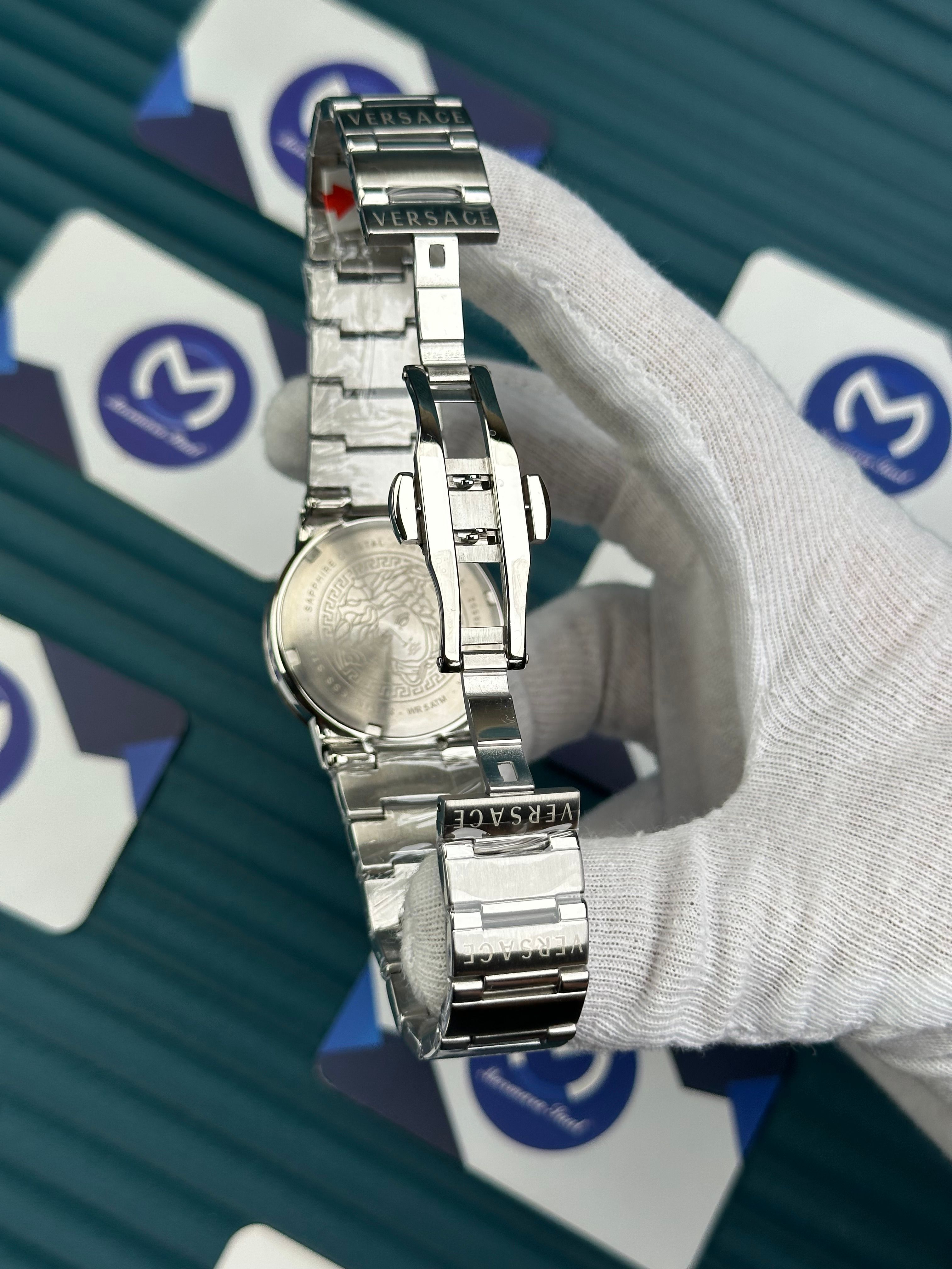 VERSACE 36 WHITE DIAL GOLD INDEX SILVER CORD 