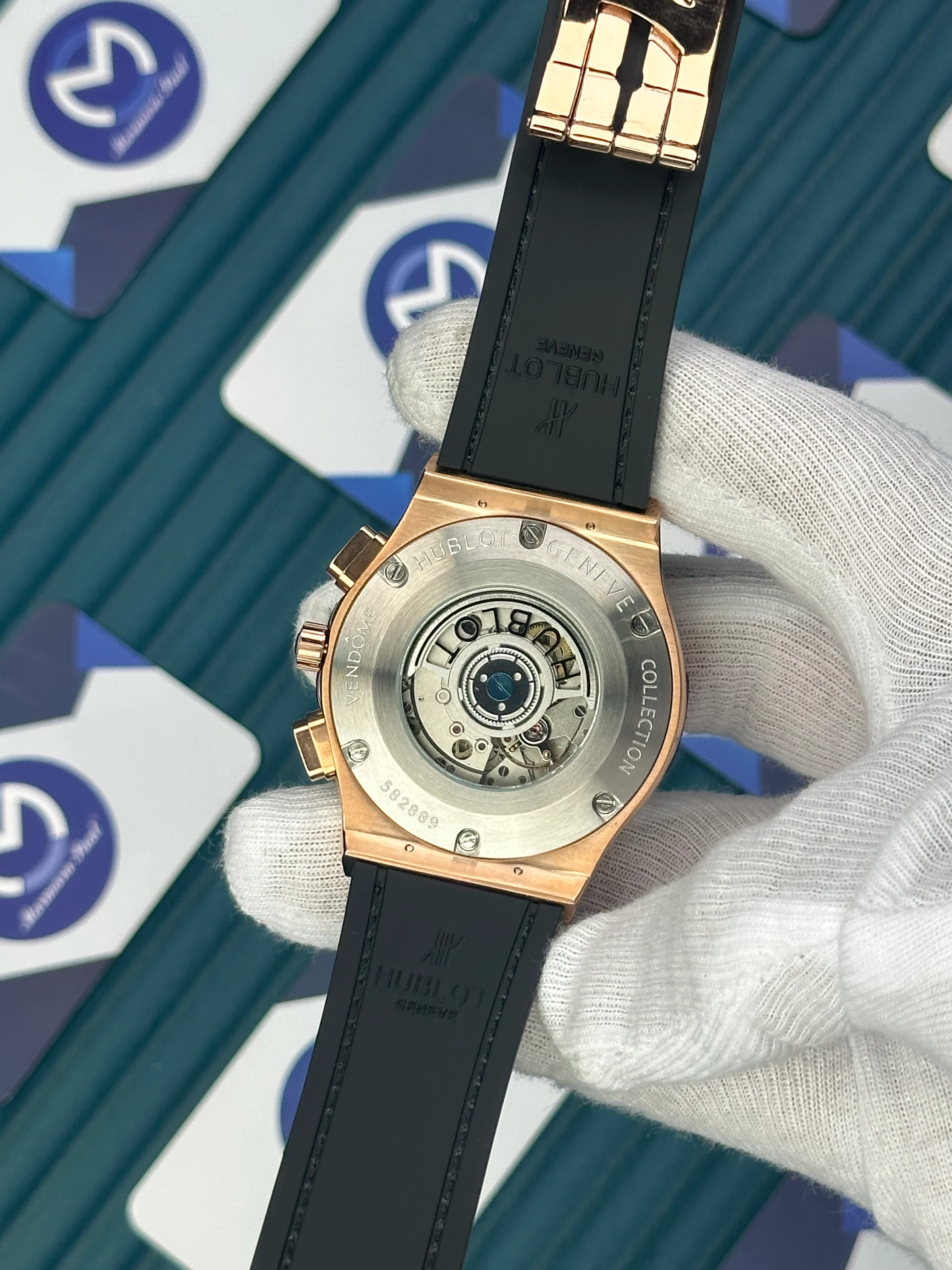 HUBLOT AUTOMATIC FUSHION VENDOME BLUE DIAL ROSE CASE BLUE LEATHER CORD