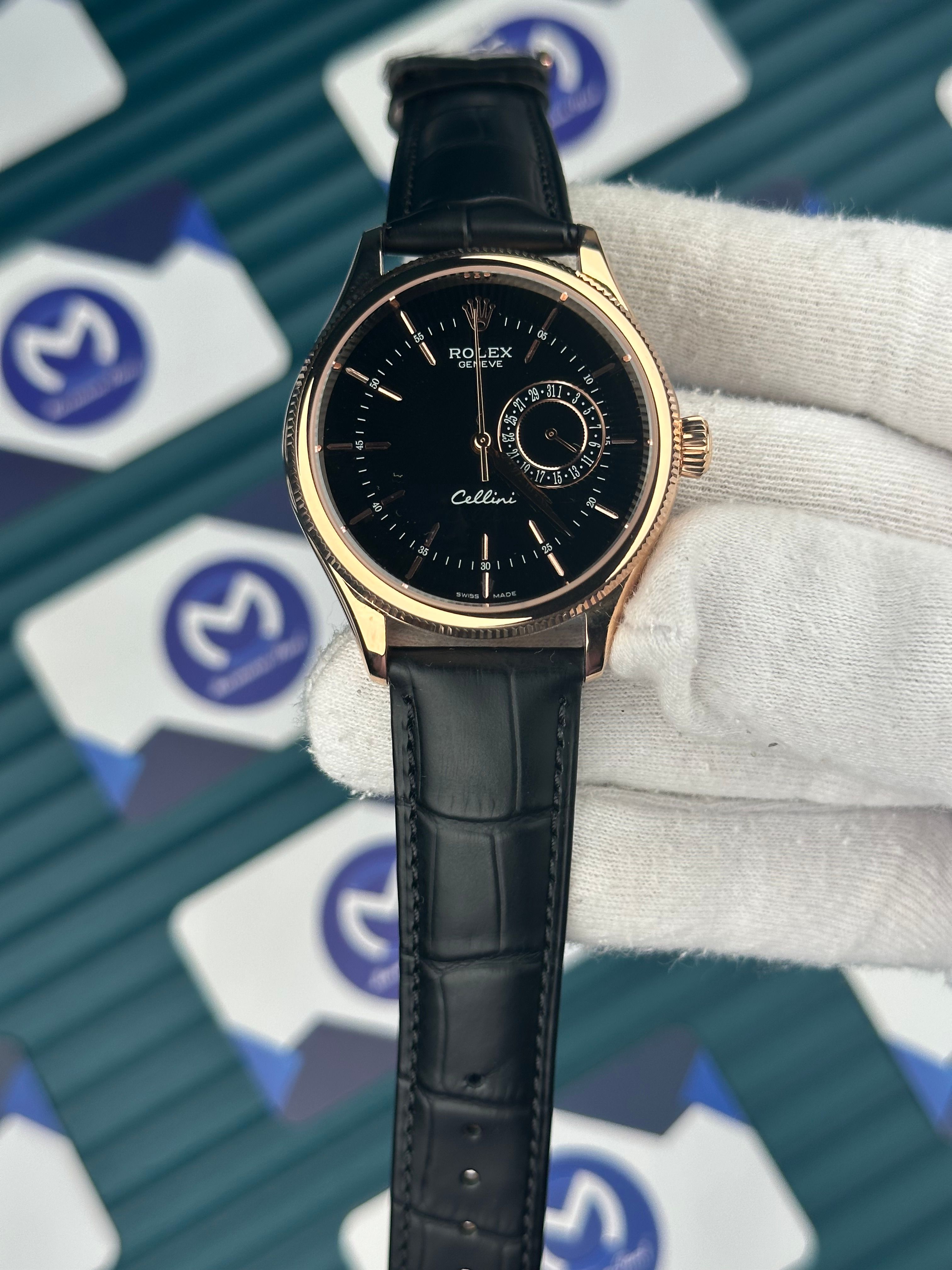 Rolex Cellini Rose Kasa Fonksiyonlu Siyah Deri Kordon