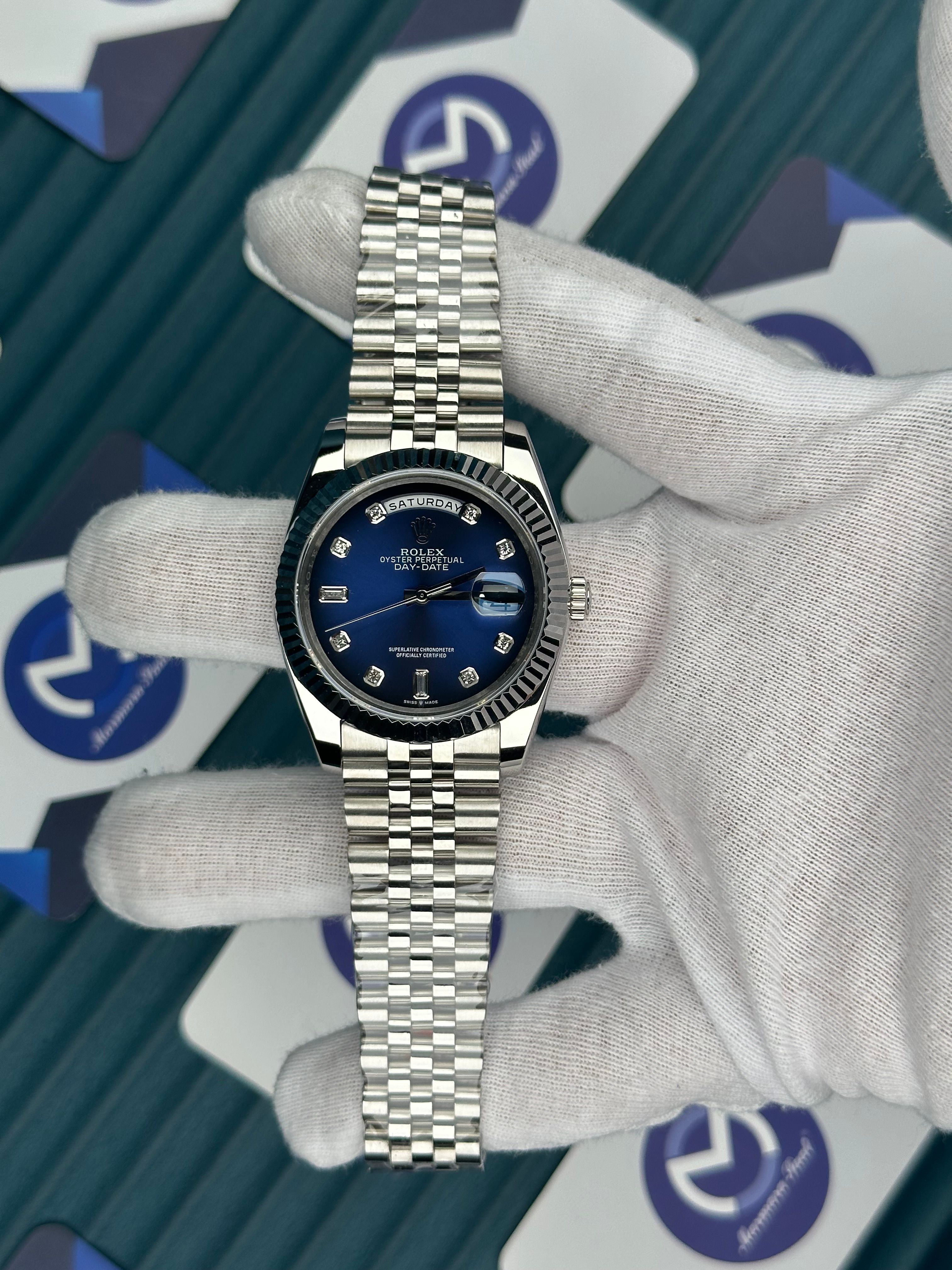 ROLEX DAY-DATE BLUE DIAL DIAMOND INDEX SILVER JUBILE