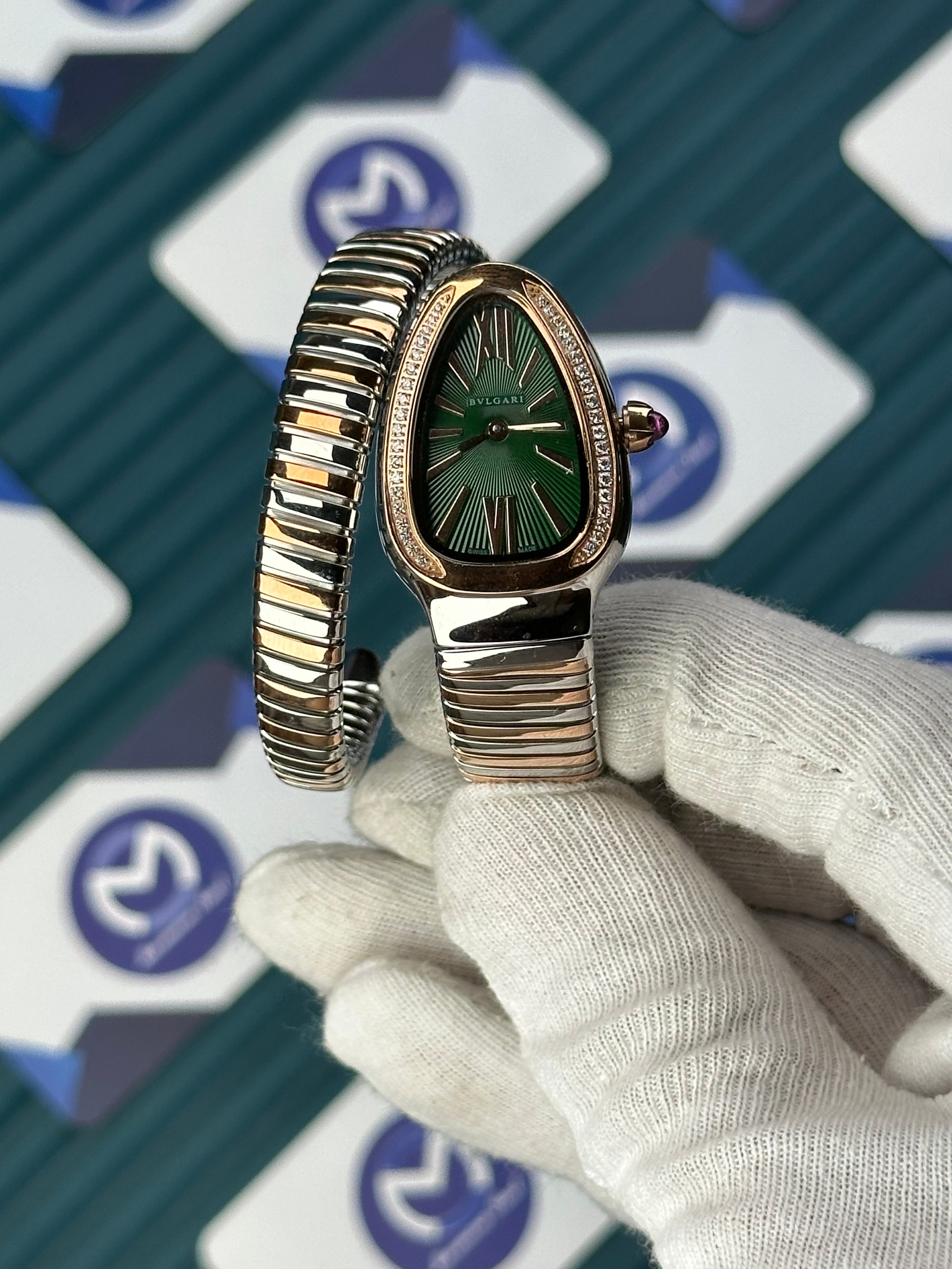 BVLGARI SERPENTI GREEN DIAL DIAMOND BEZEL ROSE-SILVER SHORT TUBOGAS
