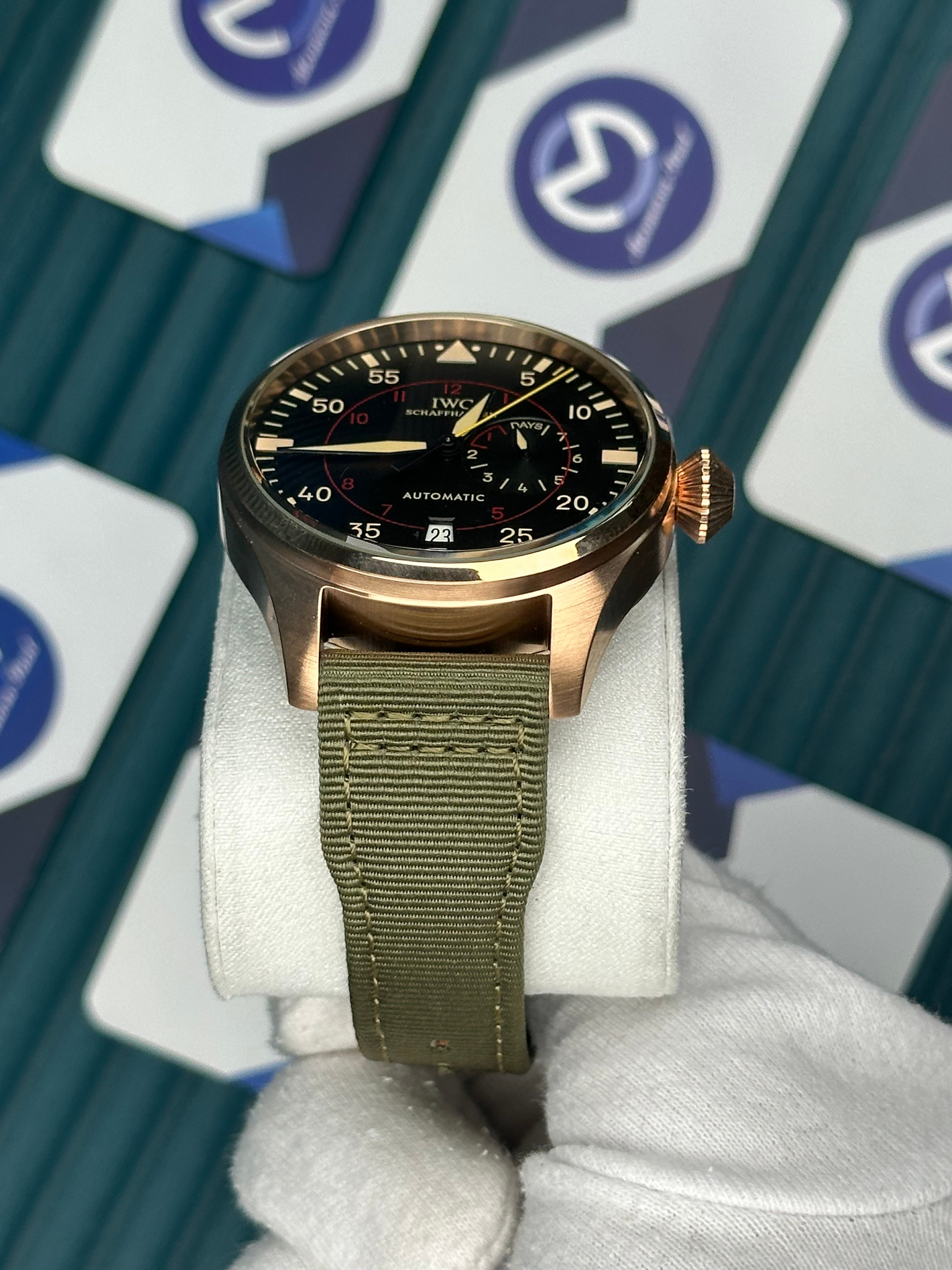 IWC Haki Yeşil Bez Kordon Rose Kasa Siyah Fonksiyonlu Kadran
