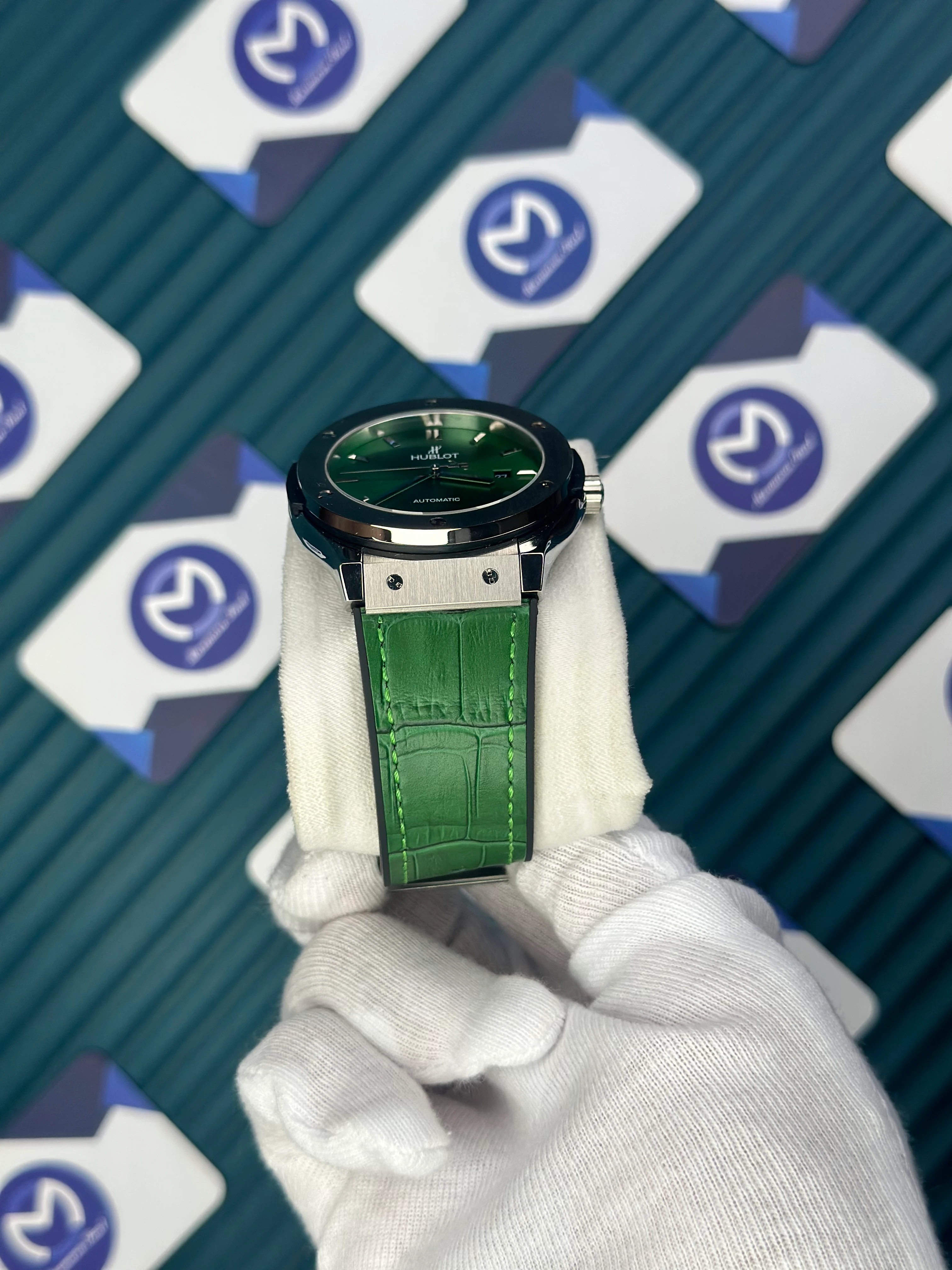 HUBLOT GENEVE AUTOMATIC GREEN DIAL GREY CASE GREEN LEATHER CORD 