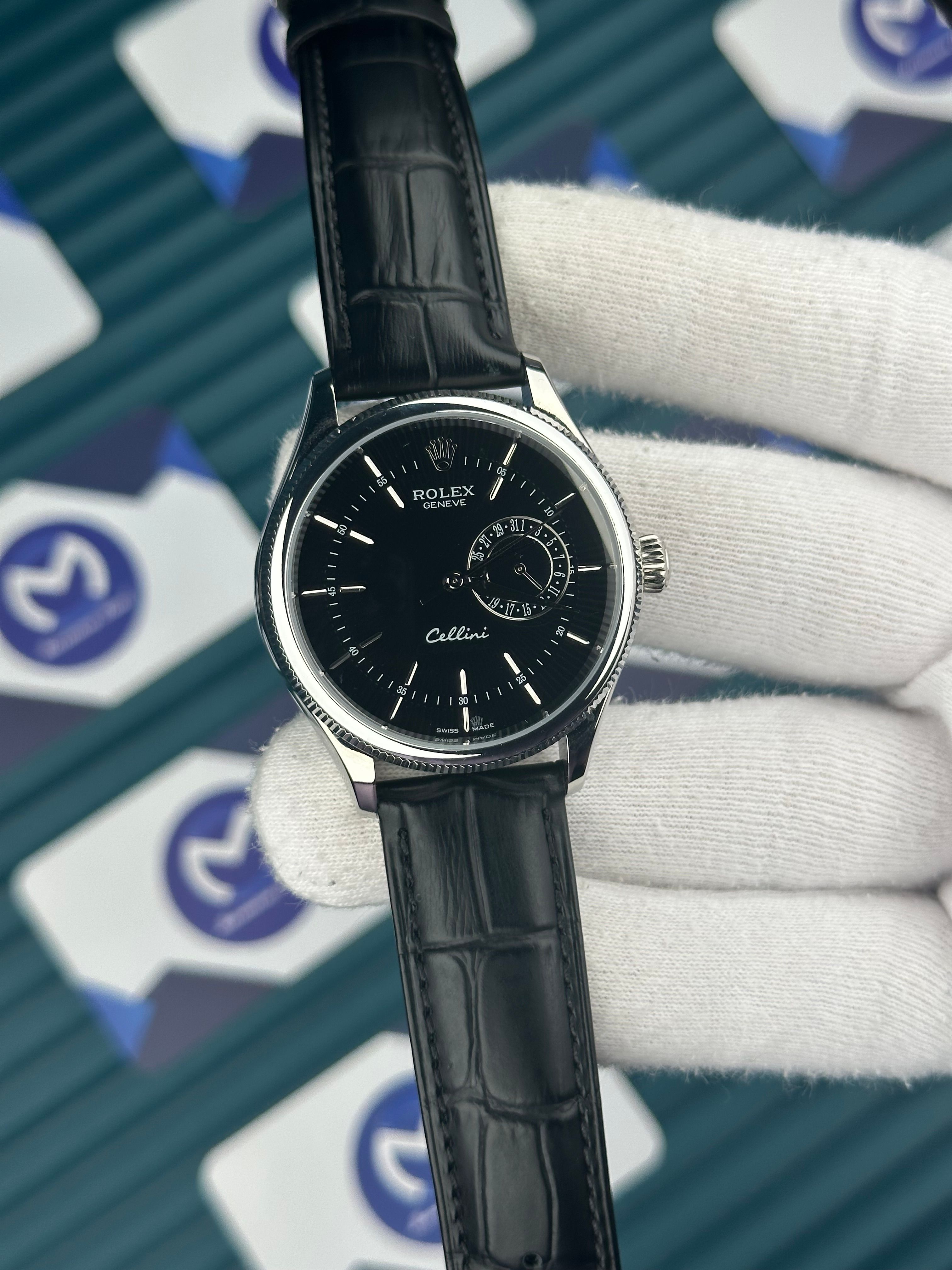 Rolex Cellini Gümüş Kasa Fonskiyonlu Siyah Deri Kordon