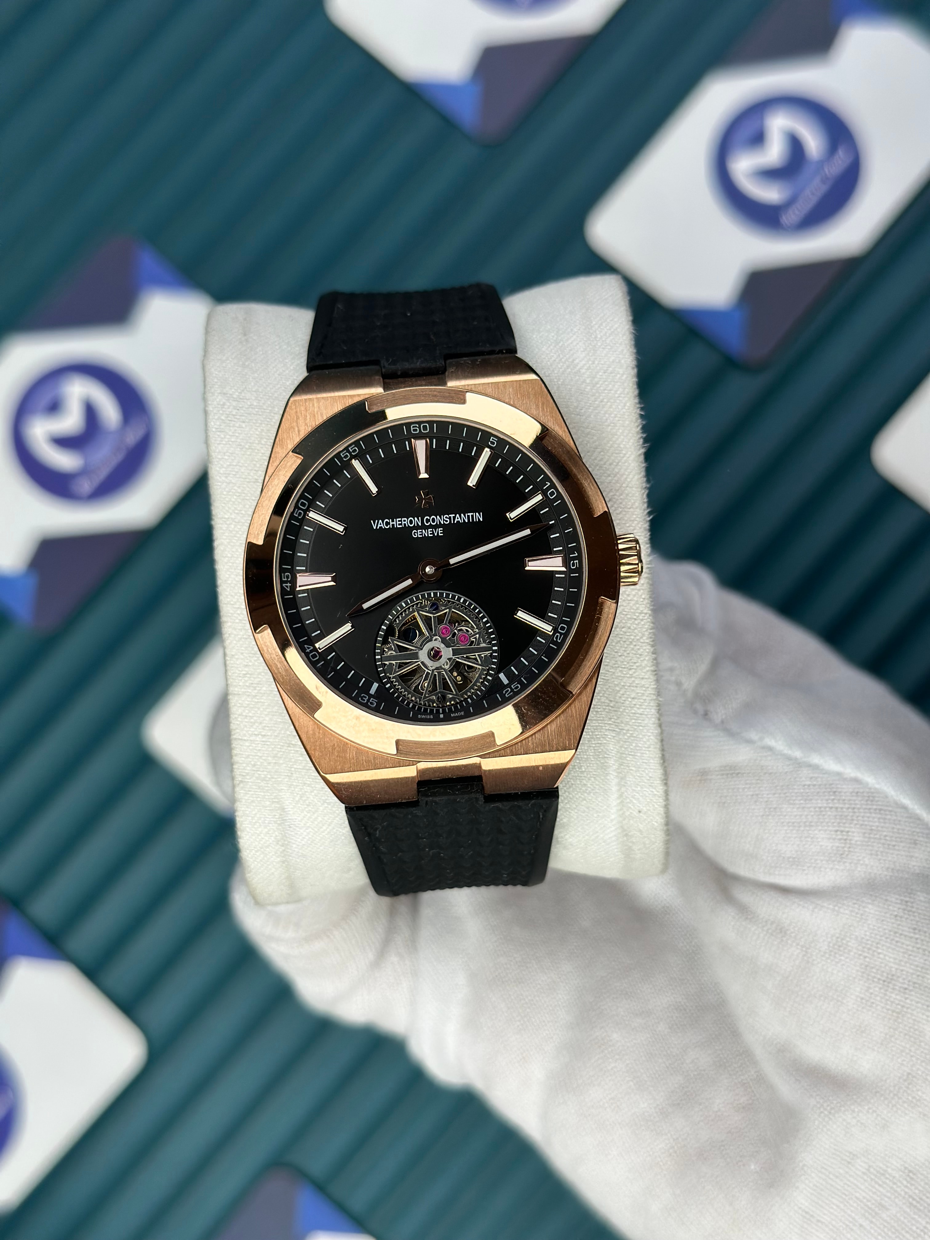 VACHERON CONSTANTIN BLACK DIAL TOURBILLON ROSE CASE OVERSEAS BLACK RUBBER