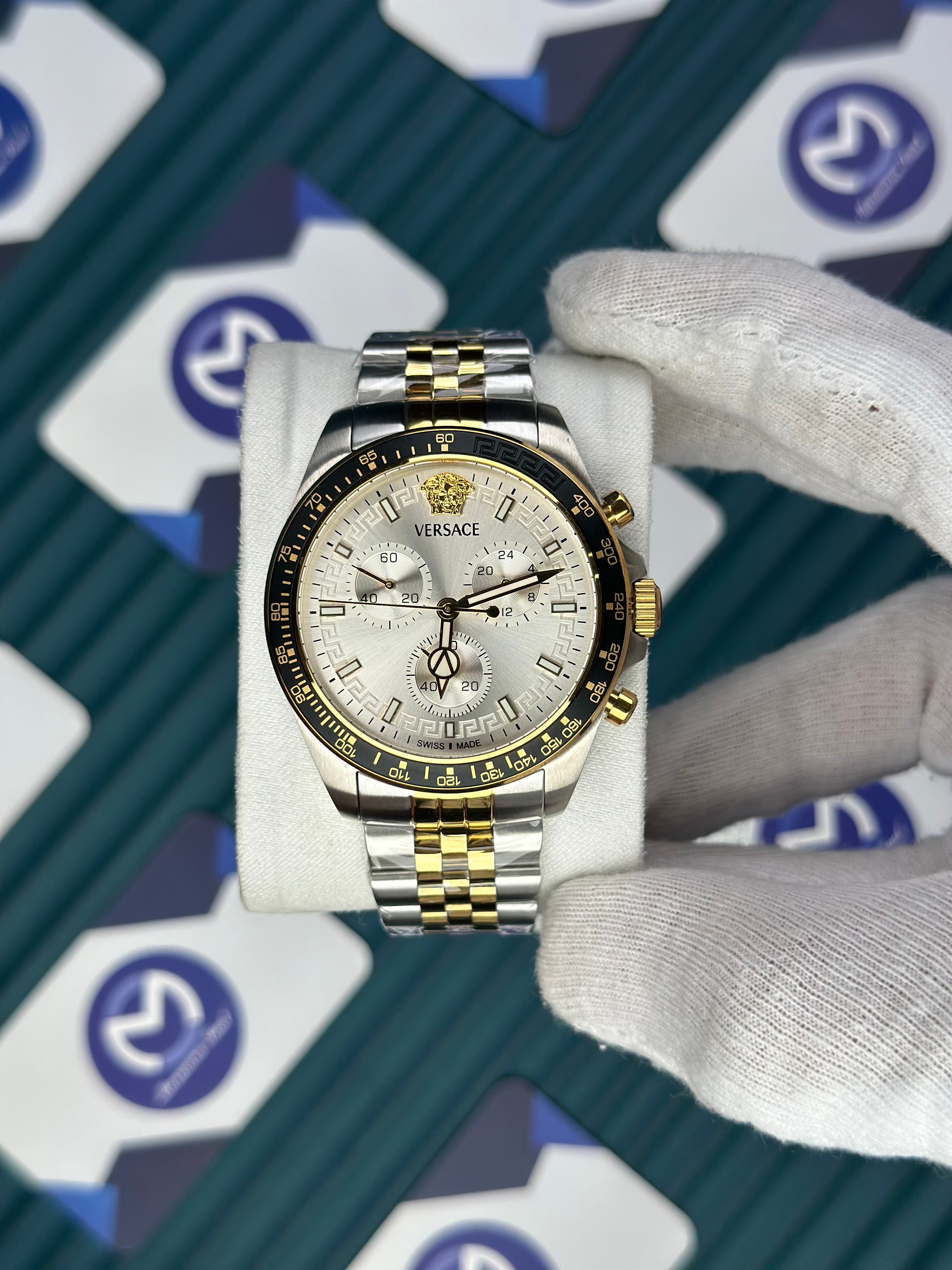 VERSACE NEW WHITE DIAL CHRONOGRAPH GOLD-SILVER JUBILE