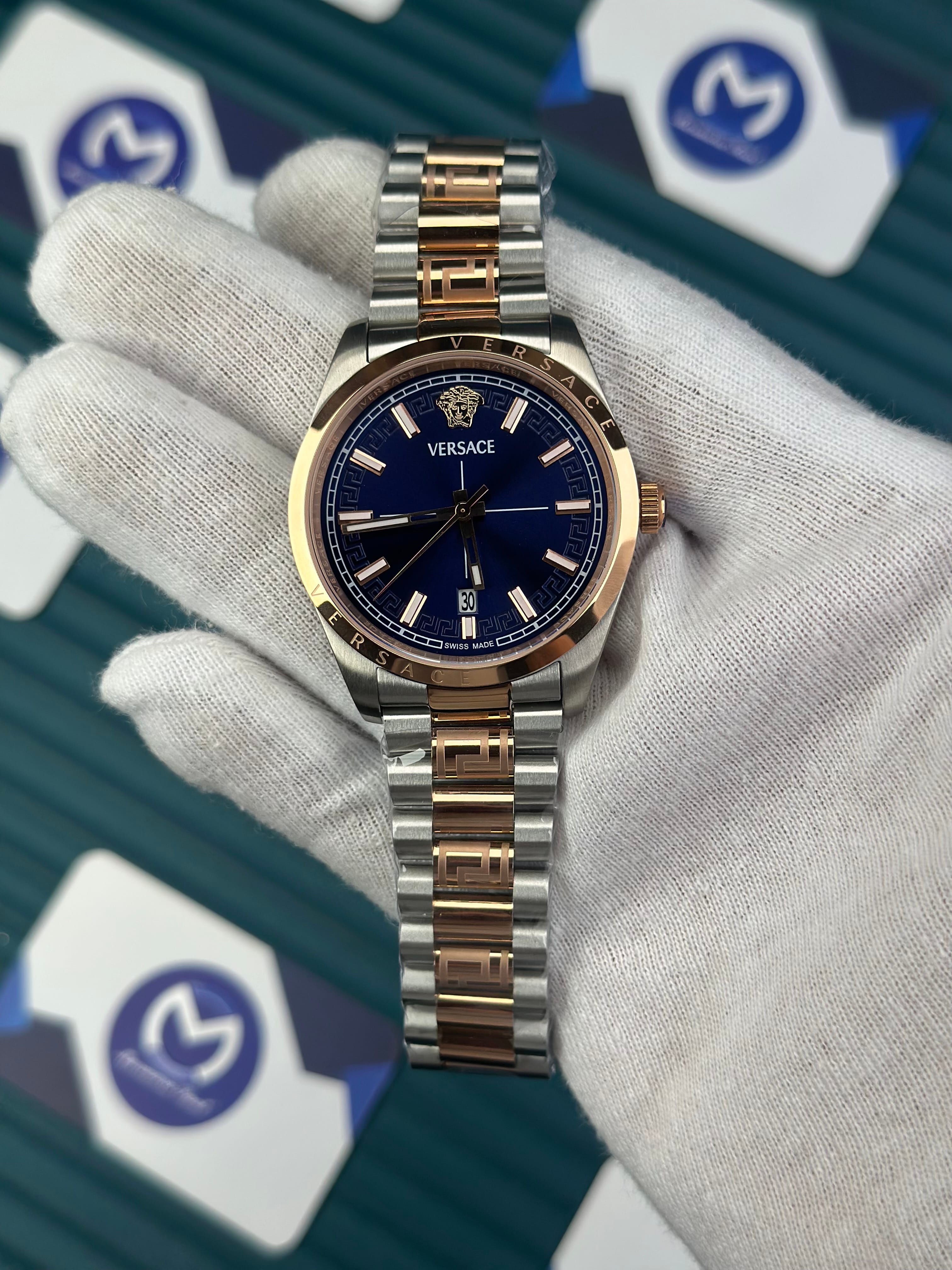 VERSACE NEW NAVY BLUE DIAL ROSE-SILVER PRESIDENT