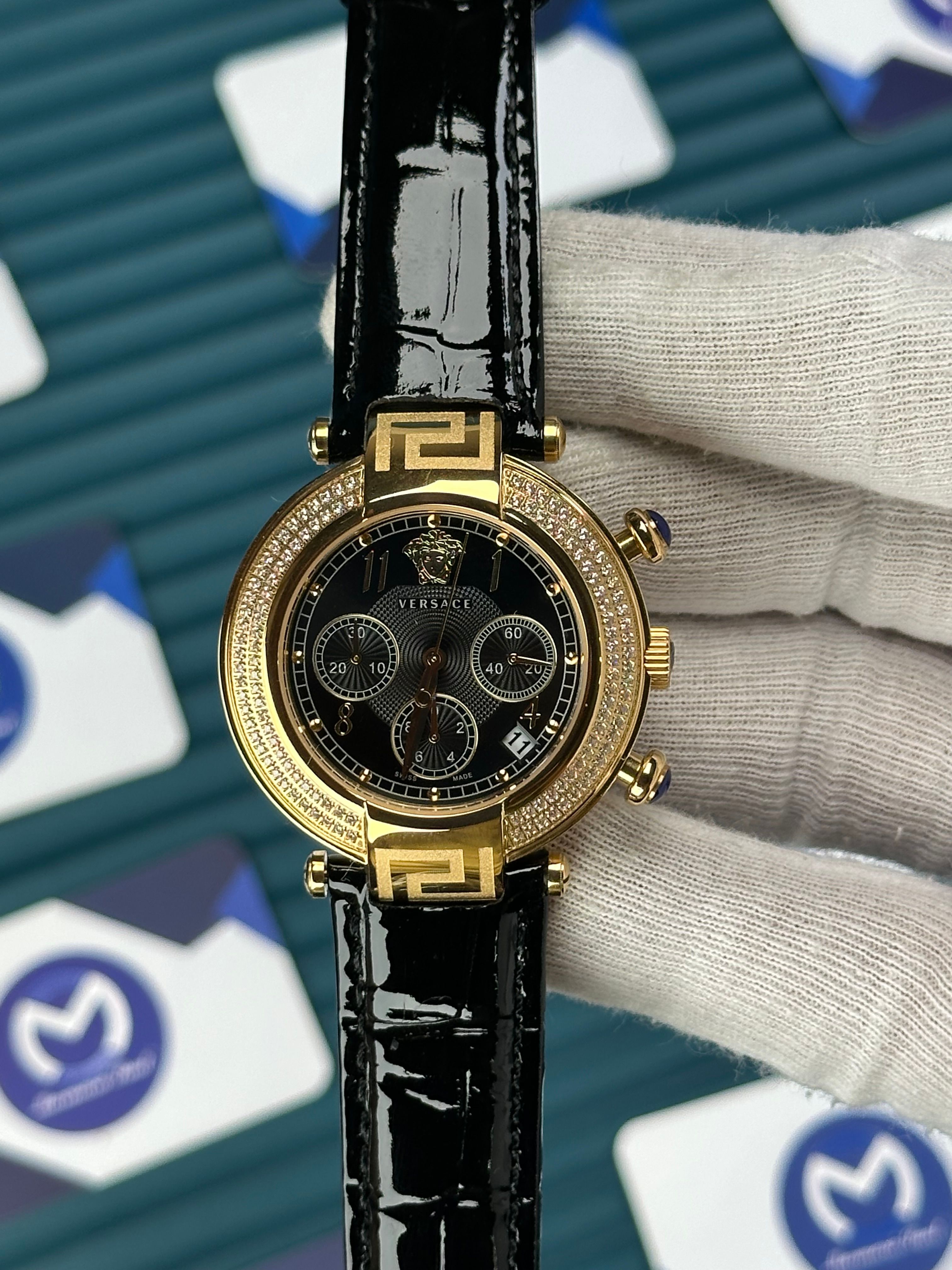 VERSACE 38 BLACK DIAL GOLD CASE DIAMOND BEZEL BLACK LEATHER CORD